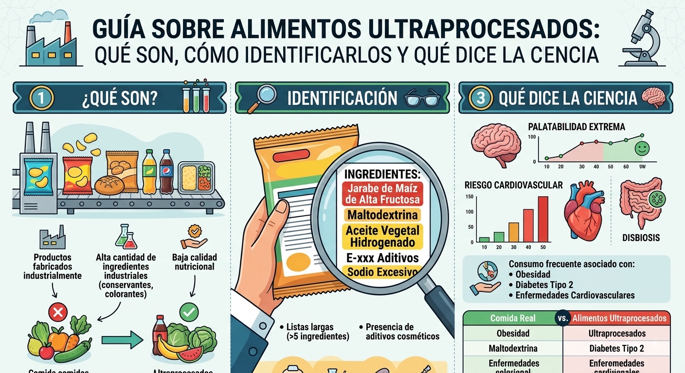 En la parte inferior derecha, hay una tabla pequeña que relaciona términos como "Maltodextrina" y "Enfermedades cardiovasculares" en la columna de "Alimentos Ultraprocesados". El diseño general utiliza colores azules, naranjas y verdes sobre un fondo de madera clara con el logo de un microscopio en la esquina superior derecha