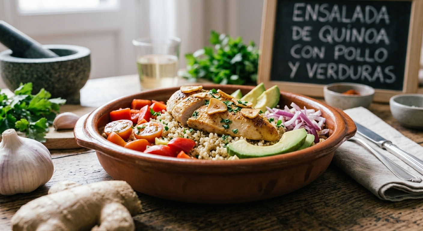 Bol rústico de terracota con ensalada de quinoa, pollo y aguacate sobre mesa de madera.