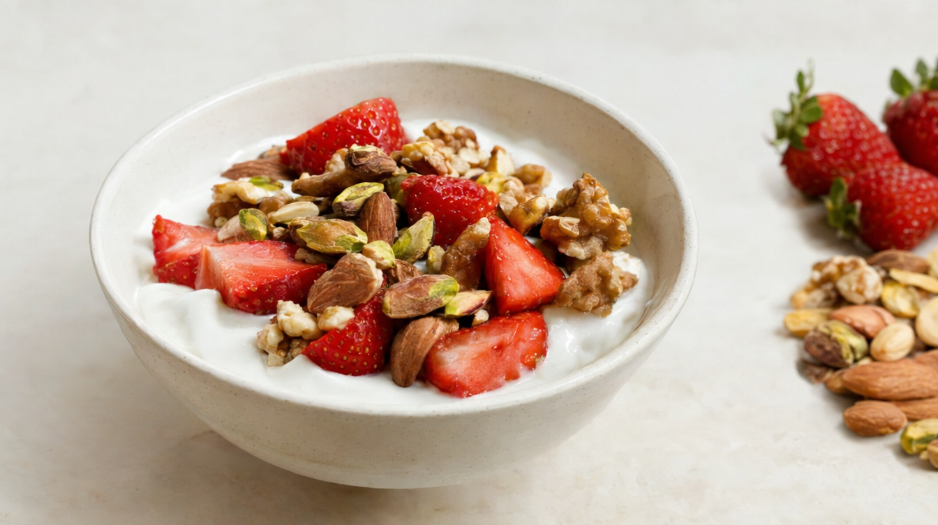 Bol de yogur natural con fresas y mix de frutos secos