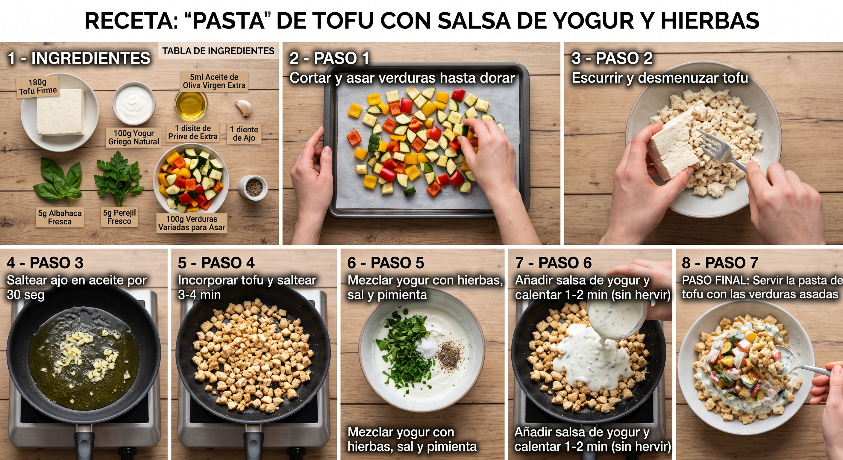 Infografía paso a paso de la receta de 'pasta' de tofu con salsa de yogur y hierbas. Muestra una sección con los ingredientes detallados y siete paneles secuenciales con el proceso de preparación: asar verduras, desmenuzar y saltear el tofu, mezclar la salsa, y el resultado final servido en un bol con las verduras y la salsa por encima