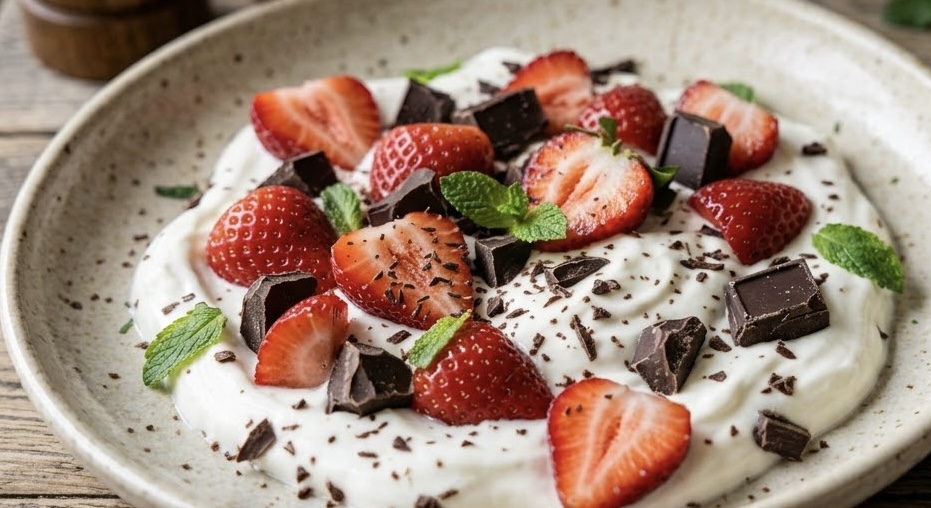 Un primer plano de un plato hondo de cerámica rústica moteada sobre una mesa de madera texturizada, que contiene yogur griego cremoso cubierto con fresas frescas en rodajas, trozos y virutas de chocolate negro, y hojas de menta fresca. A la derecha, sobre una servilleta de lino gris, hay un tenedor y una cuchara con mangos de madera. El fondo borroso muestra pimenteros de madera y perejil fresco. La iluminación es natural y suave