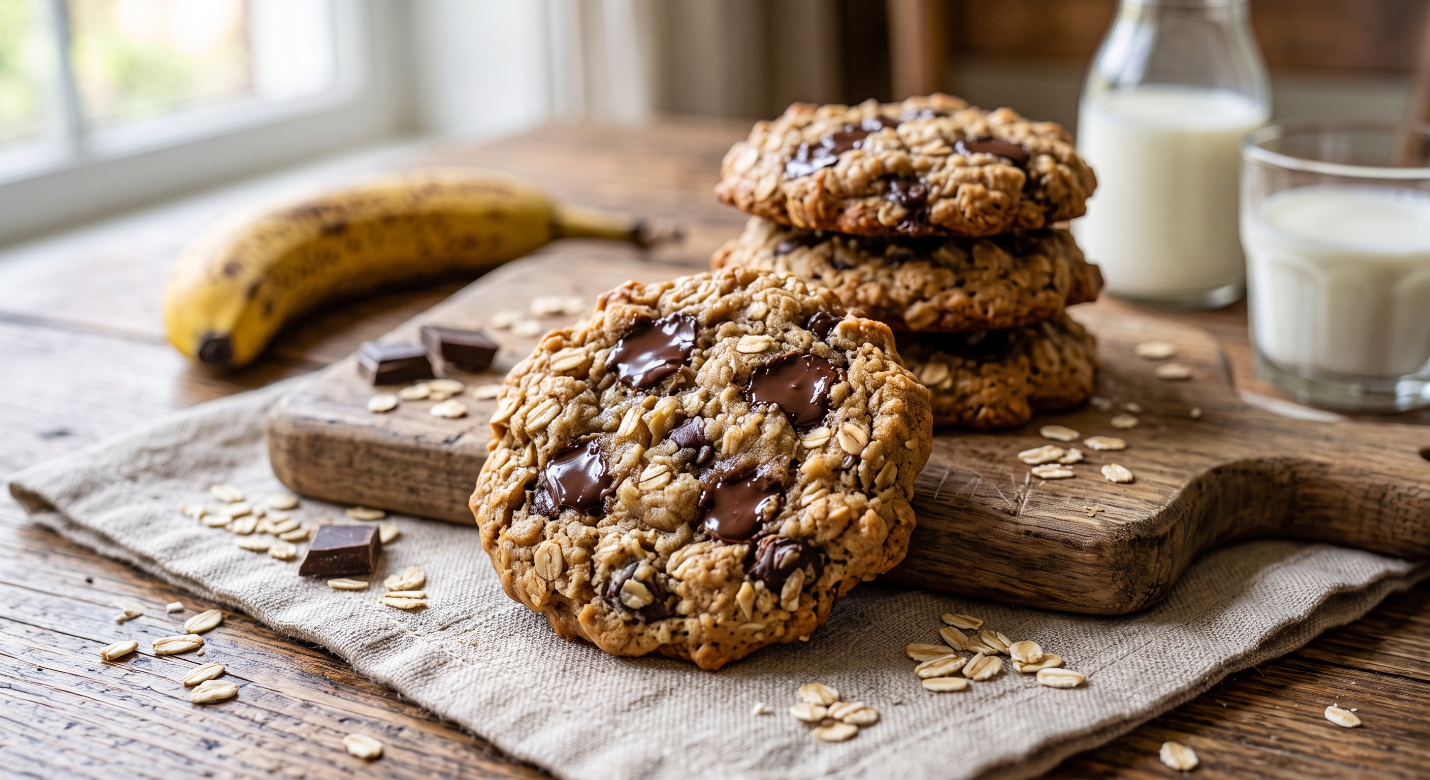 Un primer plano de una gran galleta de avena rústica y masticable cargada de grandes trozos de chocolate derretido, sentada sobre una servilleta de lino texturizada en una mesa de madera. Copos de avena sueltos y trozos de chocolate están esparcidos a su alrededor. En el fondo, sobre una tabla de cortar de madera, hay una pila de tres galletas similares. Detrás, hay un plátano entero maduro a la izquierda, y una jarra de leche con un vaso lleno a la derecha, con una ventana borrosa al fondo.
