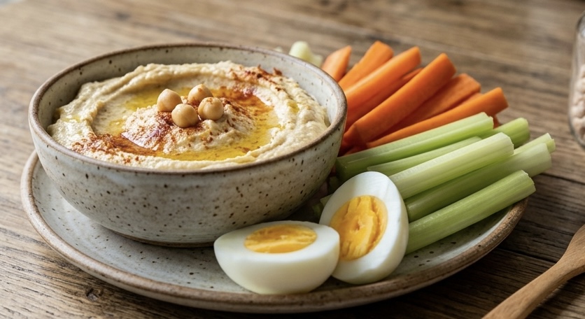 Un tazón de cerámica moteada lleno de hummus cremoso, rociado con aceite de oliva y pimentón y cubierto con garbanzos enteros, sobre una encimera de madera. Junto al tazón, en el mismo plato, hay montones ordenados de bastones de zanahoria fresca, bastones de apio y un huevo duro cortado por la mitad. Un tenedor de madera descansa sobre una servilleta de lino a la derecha, y frascos de vidrio con garbanzos secos y pimentón están cerca. El fondo está desenfocado pero muestra una ventana y otros utensilios de cocina