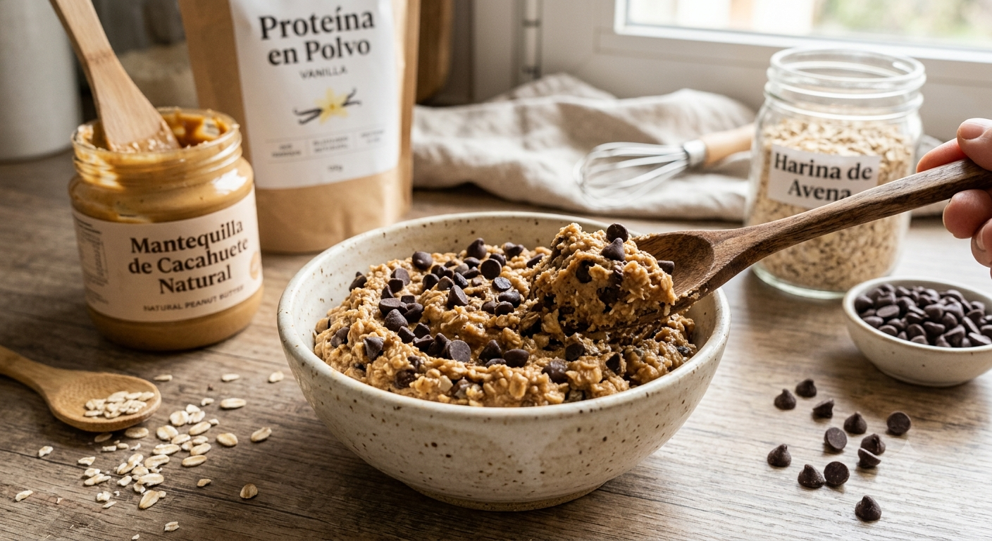 Un bol de cerámica lleno de masa de galletas con chispas de chocolate comestibles sobre una mesa de madera rústica. Una mano sostiene una cuchara de madera que recoge una porción de la masa. Al fondo, se ven tarros etiquetados de mantequilla de cacahuete natural, harina de avena y una bolsa de proteína en polvo de vainilla, junto con un batidor de alambre y más chispas de chocolate.
