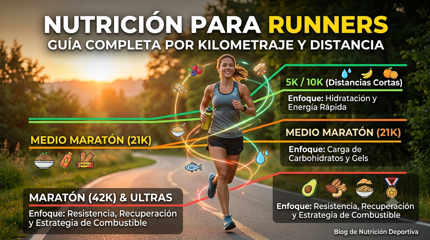 Infografía sobre nutrición para runners según la distancia. Muestra a una mujer corriendo al atardecer rodeada de íconos de alimentos y tres secciones informativas: 5K/10K con enfoque en hidratación y energía rápida; Medio Maratón (21K) con enfoque en carga de carbohidratos y geles; y Maratón y Ultras con enfoque en resistencia, recuperación y estrategia de combustible