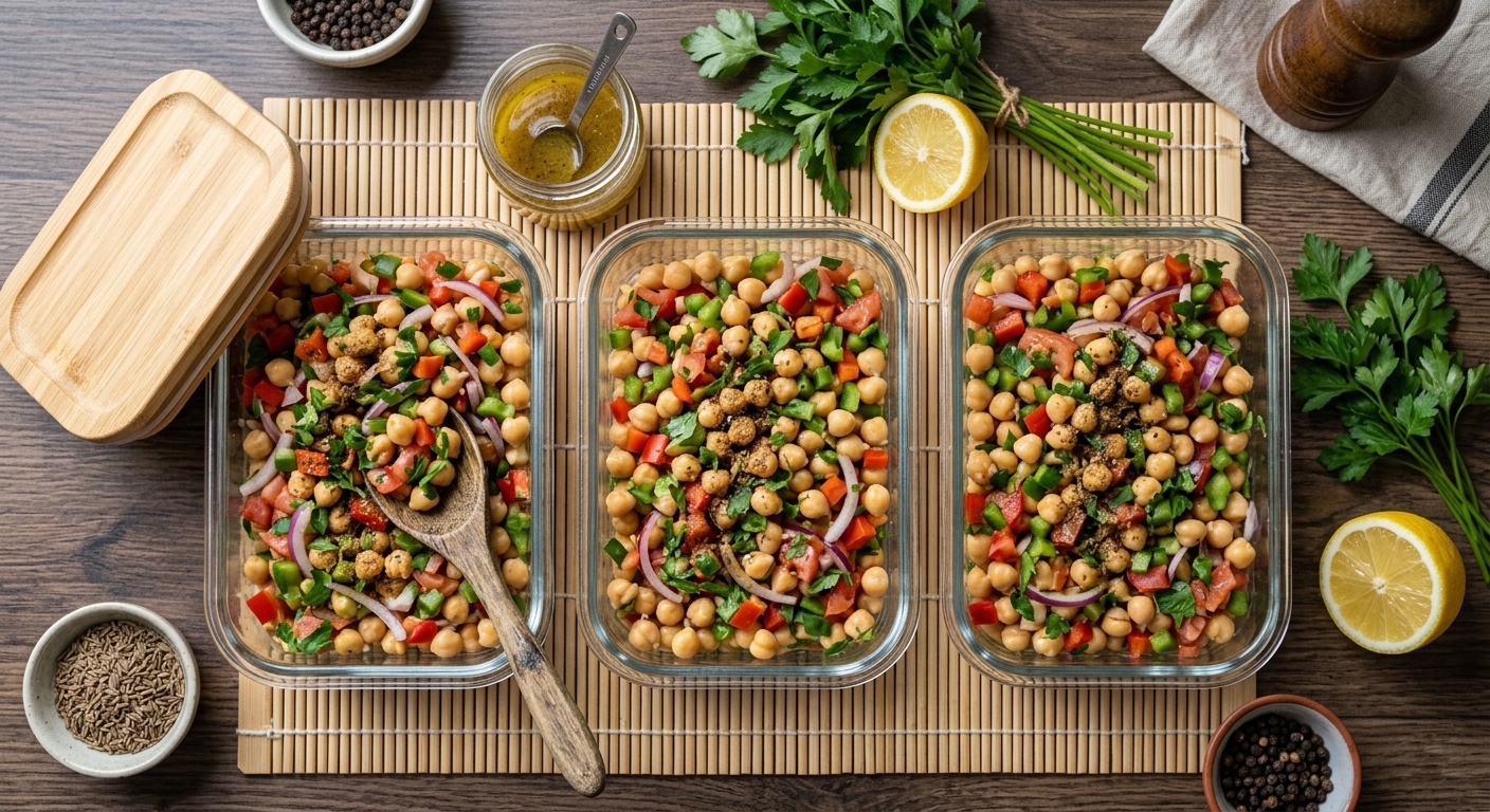 Una toma cenital de tres recipientes de cristal rectangulares para preparación de comidas (meal prep), rellenos de una colorida ensalada de garbanzos, pimientos rojos y verdes picados, dados de tomate, cebolla morada y perejil. Una cuchara de madera está en el recipiente de la izquierda. Los recipientes están dispuestos en una esterilla de bambú sobre una mesa de madera oscura, rodeados por un tarro de aderezo con una cuchara, manojos de perejil fresco, limones cortados, y pequeños cuencos de pimienta negra en grano y comino. Una tapa de madera y un molinillo de pimienta también están visibles
