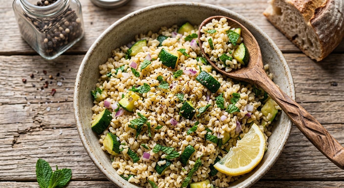 Vista cenital de un cuenco de cerámica artesanal lleno de una ensalada de bulgur, calabacín asado, cebolla roja picada y menta fresca picada, sazonado con pimienta negra molida. El cuenco está sobre una superficie de madera rústica y texturizada. A la derecha, una cuchara de madera tallada a mano contiene una porción de la ensalada. El entorno incluye un trozo de pan de masa madre rústico y con costra en la esquina superior derecha, un pequeño frasco de vidrio con granos de pimienta negra enteros en la esquina superior izquierda y un gajo de limón dentro del cuenco. Un pequeño manojo de menta fresca está en la mesa.