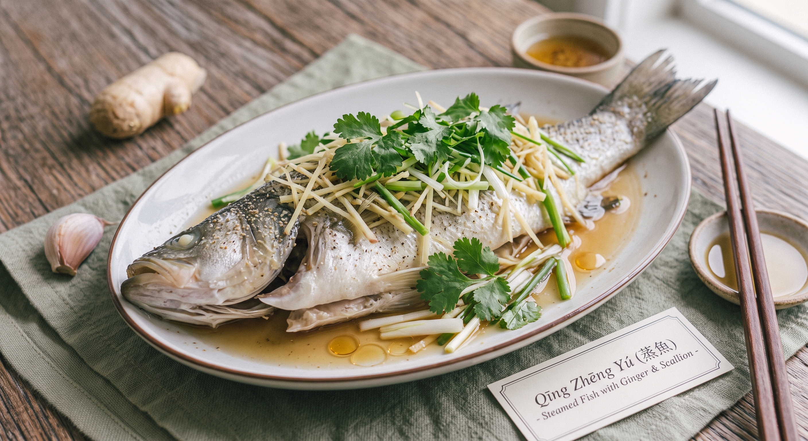 Un primer plano detallado de un pescado blanco entero al vapor servido en un plato ovalado de cerámica blanca. El pescado está bañado en una salsa ligera y cubierto generosamente con jengibre fresco en juliana, trozos de cebolleta y ramas de cilantro fresco. El plato descansa sobre una servilleta de lino verde salvia sobre una mesa de madera rústica. A la izquierda, se aprecian una raíz de jengibre entera y un diente de ajo. A la derecha, unos palillos de madera descansan sobre un pequeño soporte, y en la esquina inferior derecha hay una pequeña tarjeta impresa que dice "Qīng Zhēng Yú - Steamed Fish with Ginger & Scallion -". La escena está bellamente iluminada con luz natural que entra desde una ventana a la derecha.