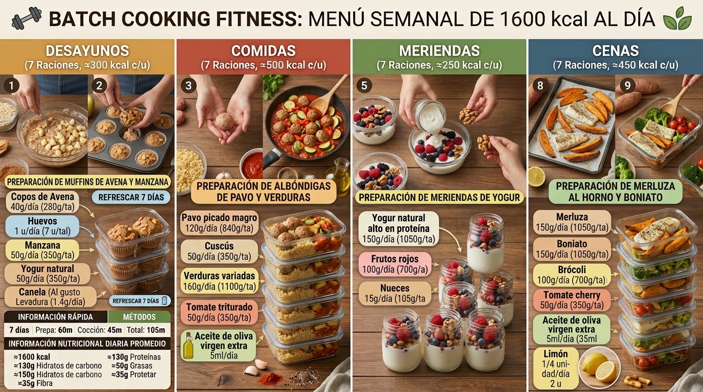 Una guía visual y detallada de batch cooking titulada 'BATCH COOKING FITNESS: MENÚ SEMANAL DE 1600 kcal AL DÍA'. La imagen está organizada en cuatro columnas principales que cubren las cuatro comidas diarias para siete días. Cada columna muestra el proceso de preparación con fotos numeradas, una lista exhaustiva de ingredientes por día y para 7 raciones, y una pila de recipientes de vidrio que contienen las porciones terminadas.  Desayunos: Prepara 'Muffins de Avena y Manzana' (≈300 kcal). Los ingredientes por día incluyen 40g de copos de avena, 1 huevo, 50g de manzana y 50g de yogur natural. Muestra el horneado de los muffins y su almacenamiento.  Comidas: Prepara 'Albóndigas de Pavo y Verduras' con cuscús (≈500 kcal). Los ingredientes diarios incluyen 120g de pavo picado magro, 50g de cuscús y 160g de verduras variadas. Muestra la formación de albóndigas y la cocción en salsa de tomate.  Meriendas: Prepara 'Meriendas de Yogur' en frascos (≈250 kcal). Cada ración diaria incluye 150g de yogur natural alto en proteína, 100g de frutos rojos y 15g de nueces.  Cenas: Prepara 'Merluza al Horno y Boniato' (≈450 kcal). Cada porción diaria incluye 150g de merluza, 150g de boniato, 100g de brócoli y 50g de tomates cherry. Muestra el asado de merluza y boniato en una bandeja de horno. Un panel inferior proporciona 'Información Rápida' con el tiempo de preparación y cocción total de 105 minutos y 'Información Nutricional Diaria Promedio' del plan: ≈1600 kcal, ≈130g Proteínas, ≈150g Hidratos de carbono, ≈50g Grasas y ≈35g Fibra.