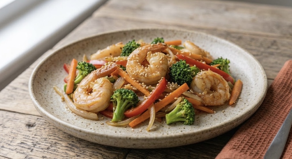 Un plano medio de un plato de cerámica de gres beige moteada que contiene un salteado de gambas grandes y cocidas, ramilletes de brócoli, tiras de pimiento rojo y zanahorias, espolvoreado con semillas de sésamo y glaseado con salsa. El plato descansa sobre una mesa de madera rústica y desgastada. A la derecha hay una servilleta de lino de color óxido doblada con un tenedor y un cuchillo de acero inoxidable. Al fondo, a la izquierda, hay una ventana desenfocada.