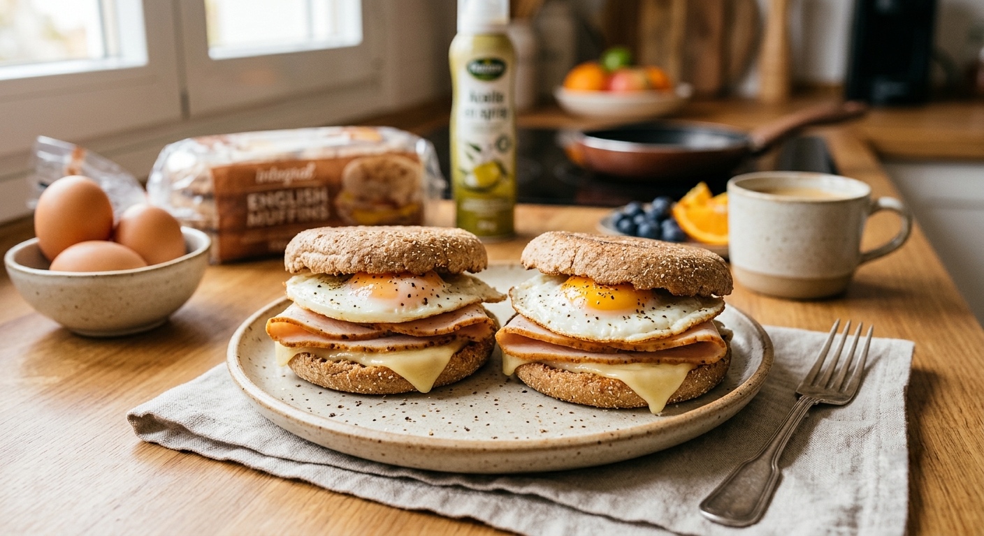 Dos McMuffins fitness caseros servidos en un plato, preparados con pan inglés integral, queso bajo en grasa, pechuga de pavo y huevo a la plancha.