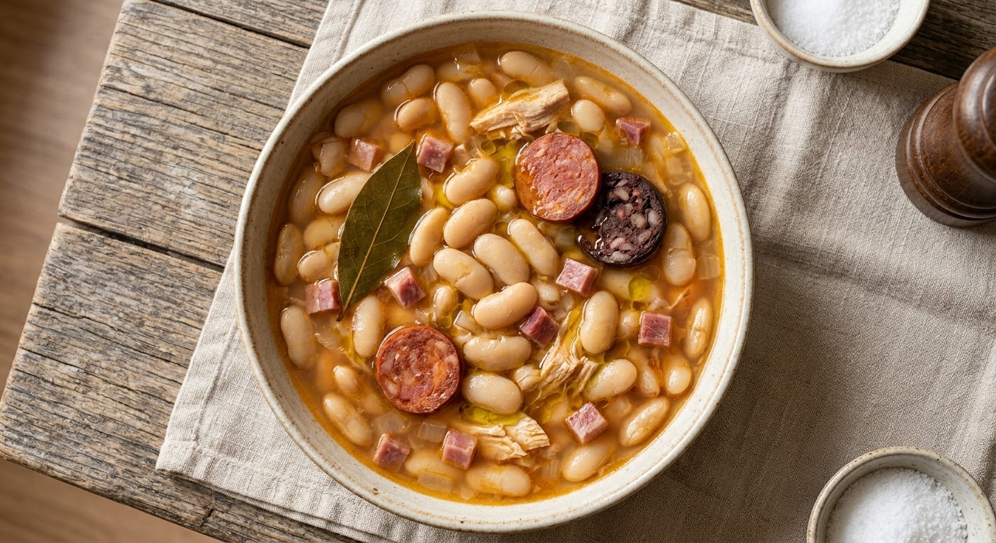 Vista superior de un tazón de cerámica con un abundante guiso de alubias blancas, rodajas de chorizo, morcilla, dados de jamón y trozos de pollo desmenuzado, todo rematado con una hoja de laurel. El tazón está sobre un mantel de lino gris en una mesa de madera rústica, con dos pequeños cuencos de sal y un pimentero cerca.