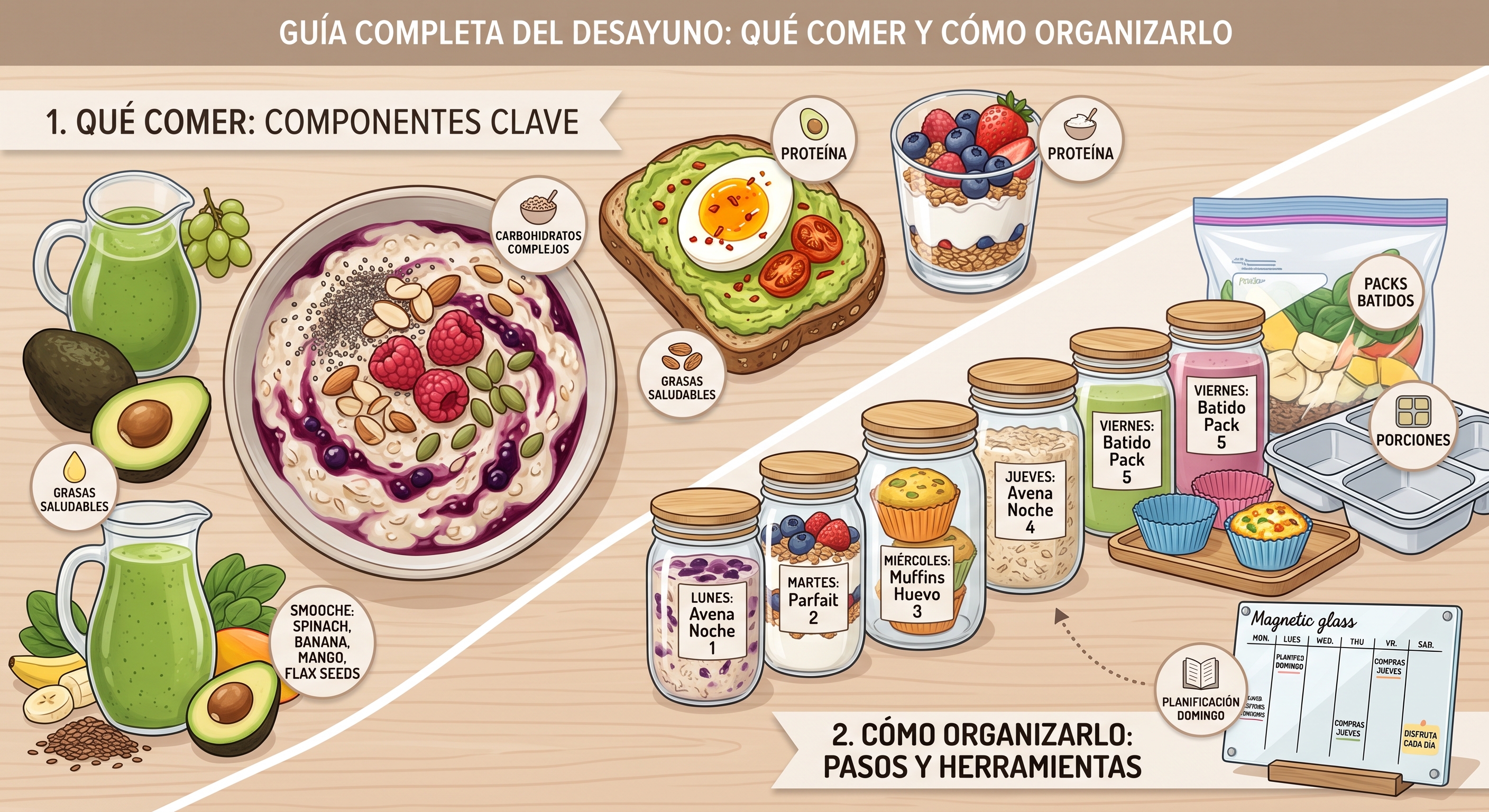Una infografía detallada en español titulada "GUÍA COMPLETA DEL DESAYUNO: QUÉ COMER Y CÓMO ORGANIZARLO", dividida diagonalmente en dos secciones.  La sección superior izquierda, titulada "1. QUÉ COMER: COMPONENTES CLAVE", muestra ilustraciones coloridas de desayunos saludables:  Un gran bol de avena ("CARBOHIDRATOS COMPLEJOS") cubierto con frambuesas, arándanos, almendras y semillas, etiquetado con un icono de "GRASAS SALUDABLES".  Una tostada de aguacate con huevo cocido ("PROTEÍNA") y tomates cherry.  Un vaso de yogur con granola y frutos rojos ("PROTEÍNA").  Jarras de batido verde ("SMOOTHIE: ESPINACA, PLÁTANO, MANGO, SEMILLAS DE LINO") con aguacate y frutas alrededor ("GRASAS SALUDABLES").  La sección inferior derecha, titulada "2. CÓMO ORGANIZARLO: PASOS Y HERRAMIENTAS", ilustra técnicas de preparación de comidas (meal prep):  Una fila de tarros de cristal con tapas de madera preparados para la semana, etiquetados de lunes a viernes: "LUNES: Avena Noche", "MARTES: Parfait", "MIÉRCOLES: Muffins Huevo", "JUEVES: Avena Noche", "VIERNES: Batido Pack".  Una bolsa con cierre hermético ("PACKS BATIDOS") llena de fruta congelada y espinacas listas para batir.  Bandejas de silicona para porciones ("PORCIONES") y muffins de huevo.  Una pequeña pizarra de planificación semanal ("PLANIFICACIÓN DOMINGO") con un horario para la semana.