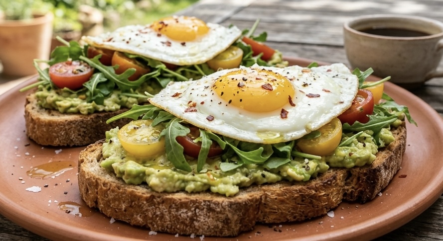 Dos tostadas de pan integral coronadas con puré de aguacate, rúcula fresca, tomates cherry de colores y un huevo frito en la parte superior, servidas sobre un plato de terracota. Se encuentran sobre una mesa de madera rústica al aire libre en un jardín soleado, con una taza de café y un vaso de agua al fondo.