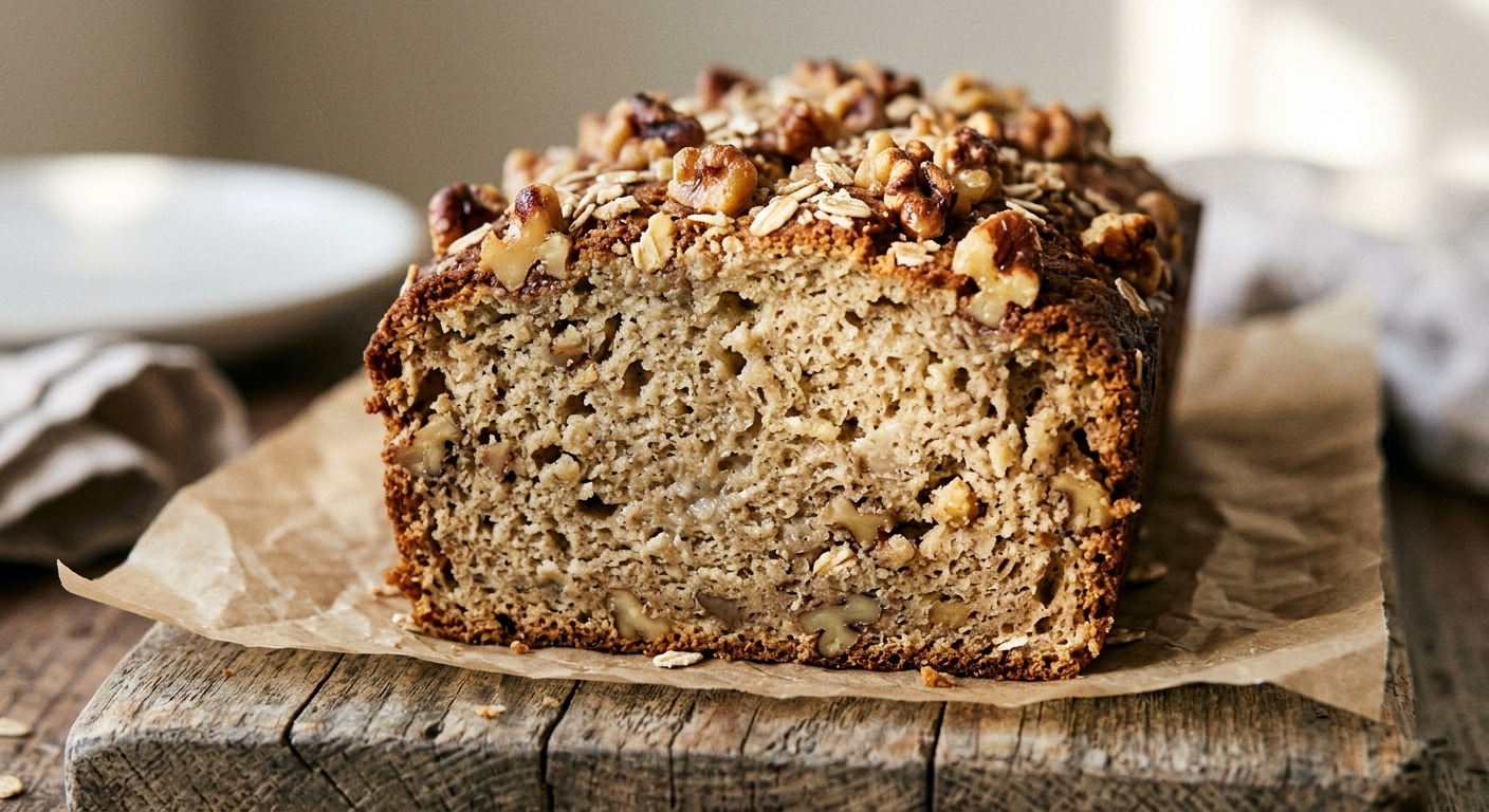 Pan de plátano alto en proteínas y saludable, rebanado y con textura esponjosa, con nueces y avena, ideal para desayunos o post-entreno