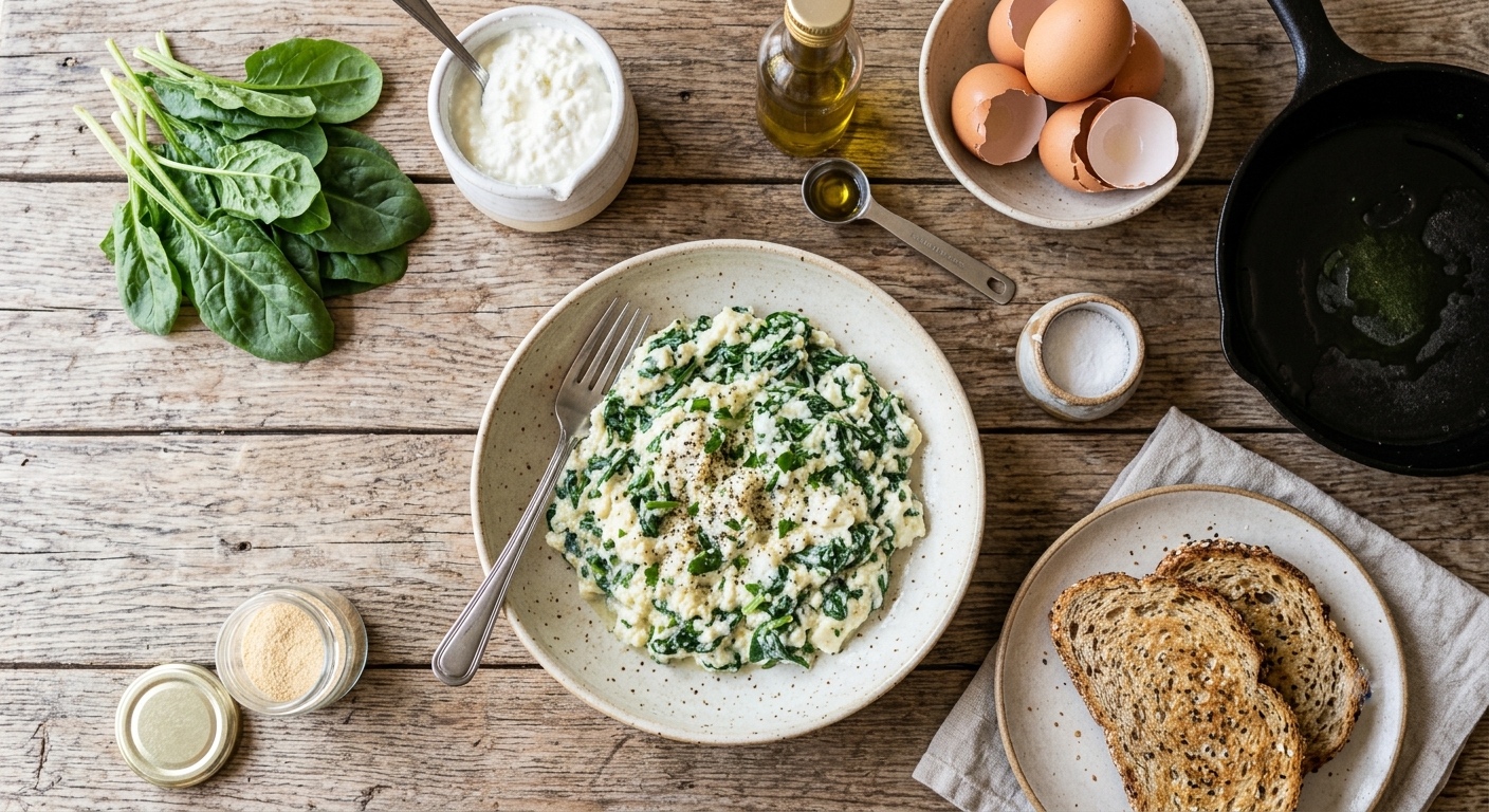 Una toma cenital de una mesa de madera rústica con un cuenco central de revuelto cremoso de espinacas y requesón. Los ingredientes frescos (espinacas, huevos, requesón, aceite de oliva) y tostadas están dispuestos alrededor, junto con una sartén de hierro fundido. Una escena de cocina casera y saludable.