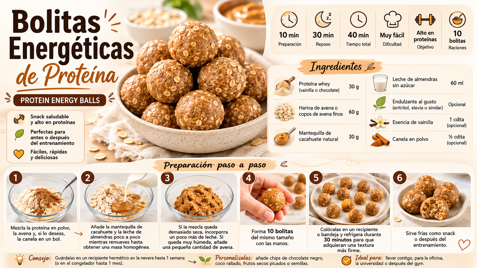 Bolitas energéticas de proteína caseras elaboradas con avena, proteína whey y mantequilla de cacahuete, servidas en un bol sobre una superficie de cocina clara. Snack saludable, alto en proteínas y perfecto para después del entrenamiento.