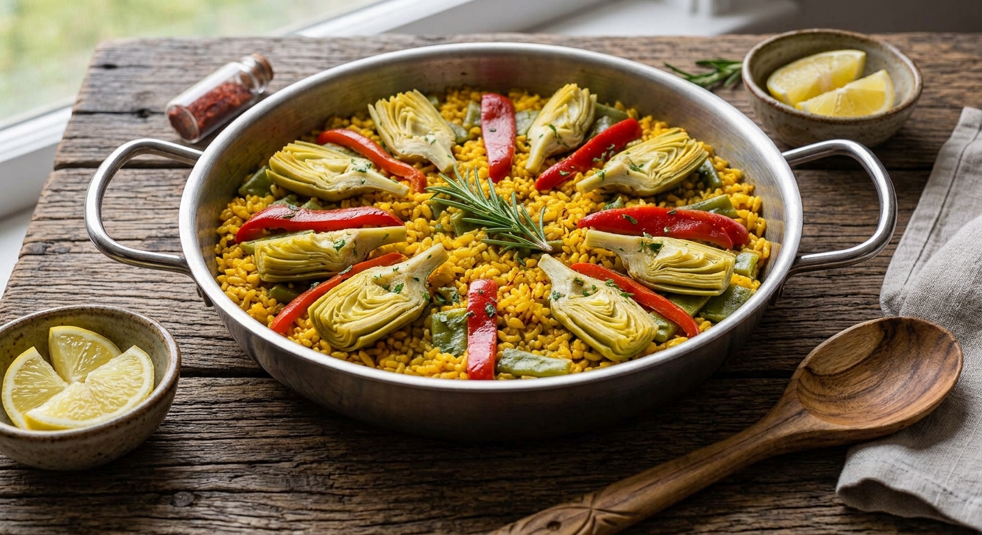 Una toma de ángulo alto que muestra una paella de verduras rústica y vibrante servida en una paellera de metal sobre una mesa de madera. El arroz amarillo está bellamente decorado con corazones de alcachofa dispuestos radialmente, tiras de pimiento rojo asado, judías verdes y garbanzos, con una ramita de romero en el centro. Dos cuencos de gajos de limón fresco, una gran cuchara de madera y un pequeño frasco de pimentón rodean la sartén, con una ventana al fondo.