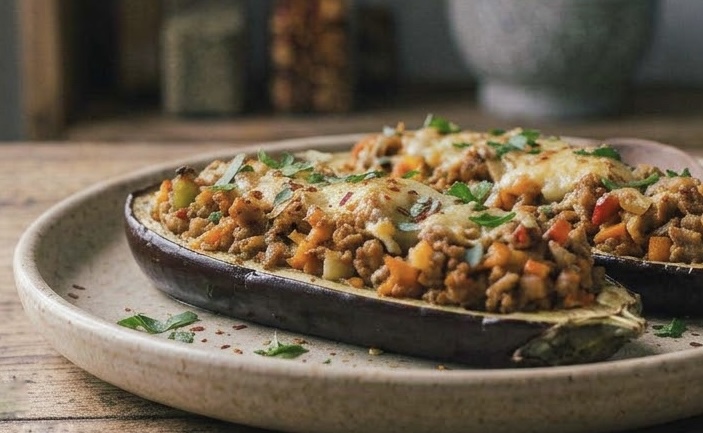 Un primer plano de dos mitades de berenjena rellenas de carne picada y verduras, cubiertas con queso derretido y guarnecidos con perejil fresco y copos de chile seco, en un plato de cerámica rústica sobre una mesa de madera. Un tenedor de madera descansa en el plato. Al fondo, se ven estantes de madera desenfocados con frascos de especias, un mortero de piedra y un trapo de cocina a cuadros. La luz natural entra por una ventana a la izquierda.