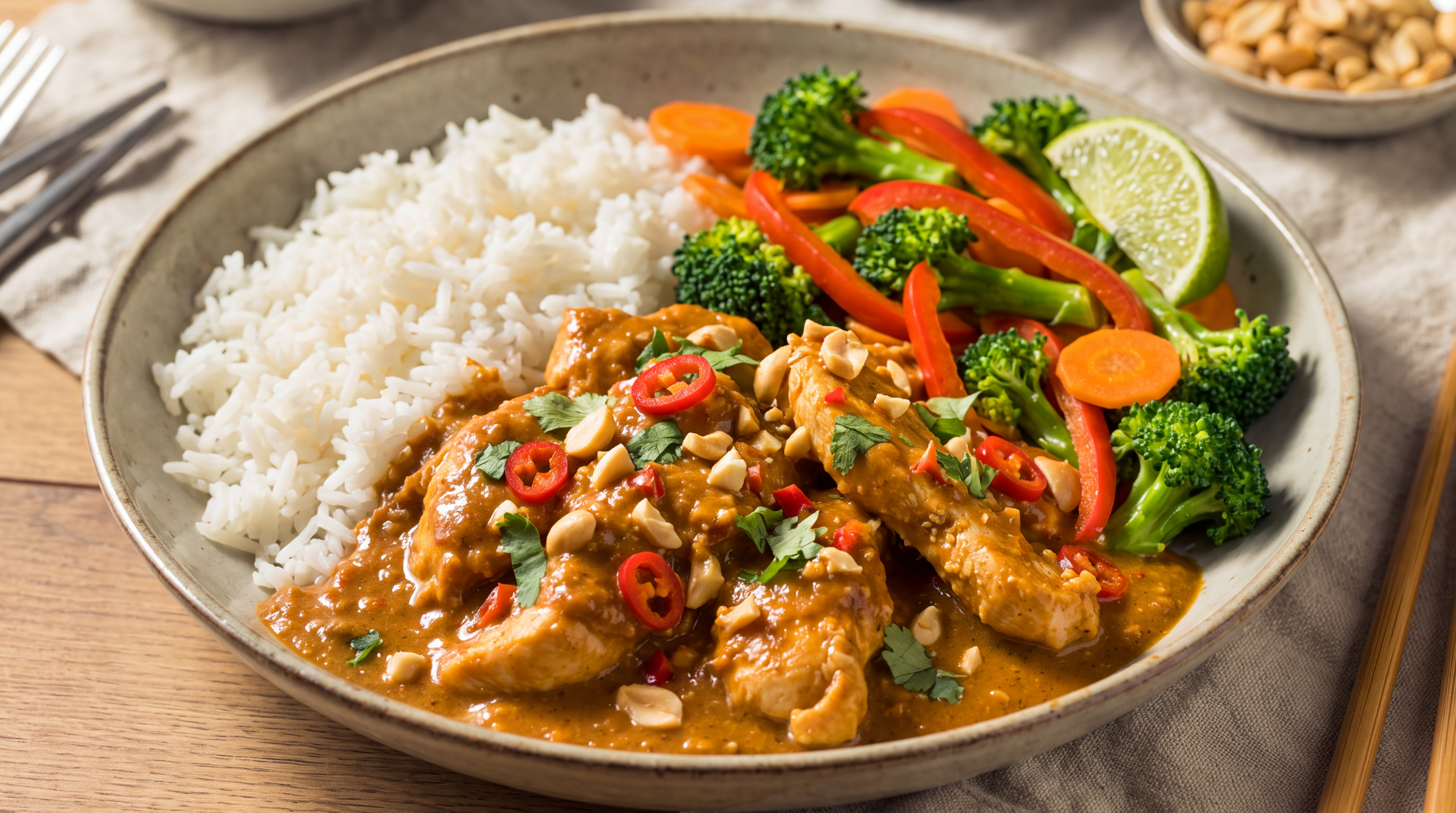 Pollo estilo satay con crema de cacahuete, verduras y arroz