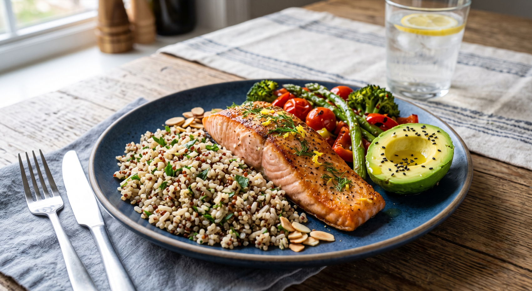 Plato con arroz, salmón, brócoli y aguacate para volumen limpio