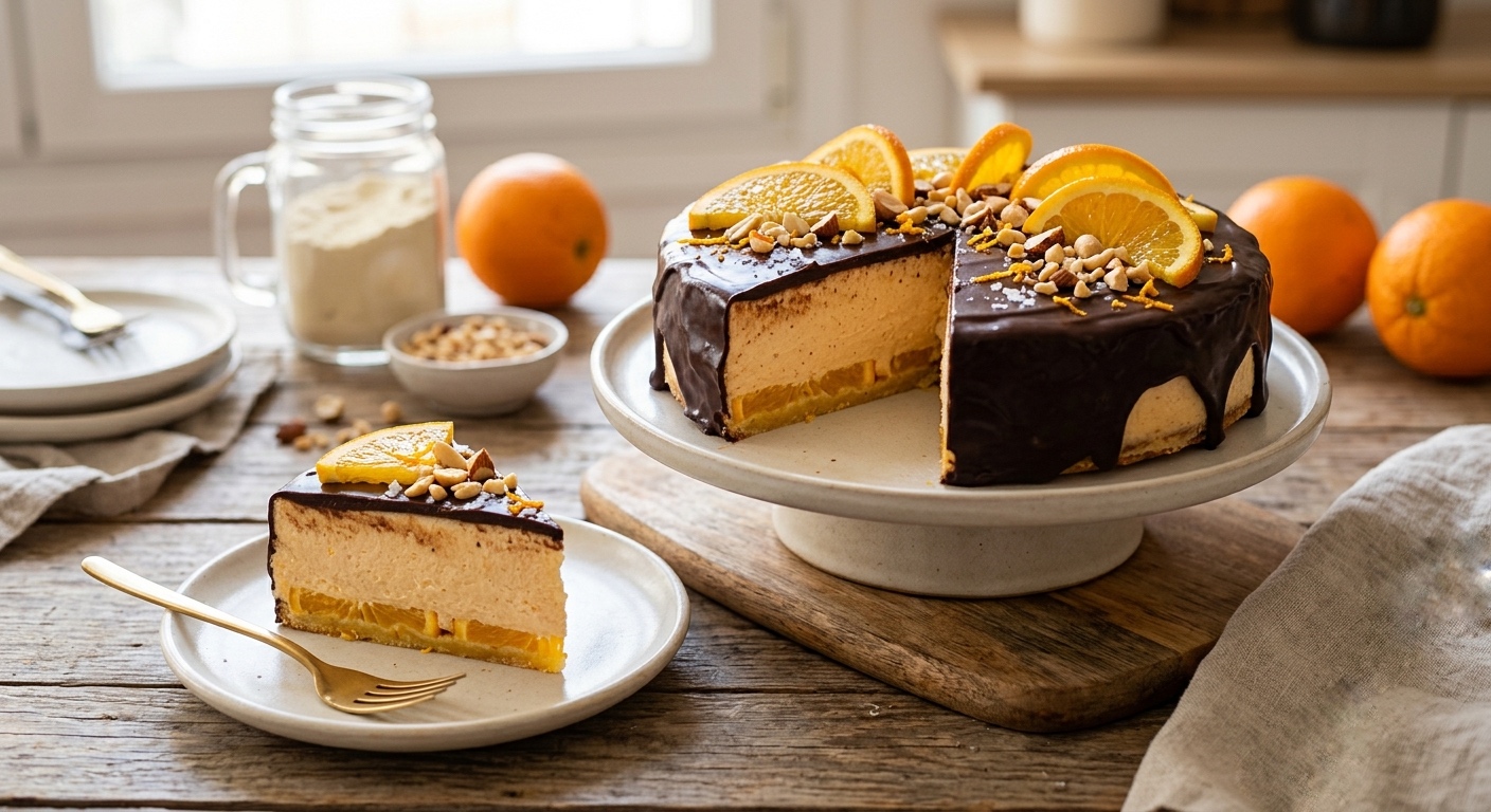 Pastel de naranja con proteína servido en una mesa rústica de madera. El pastel muestra una base de rodajas de naranja, una capa gruesa de relleno cremoso y una cobertura de chocolate oscuro fundido que cae por los bordes. Está decorado con rodajas frescas de naranja, frutos secos picados y sal en escamas. Una porción del pastel está servida en un plato blanco en primer plano junto a un tenedor dorado, con naranjas enteras desenfocadas en el fondo