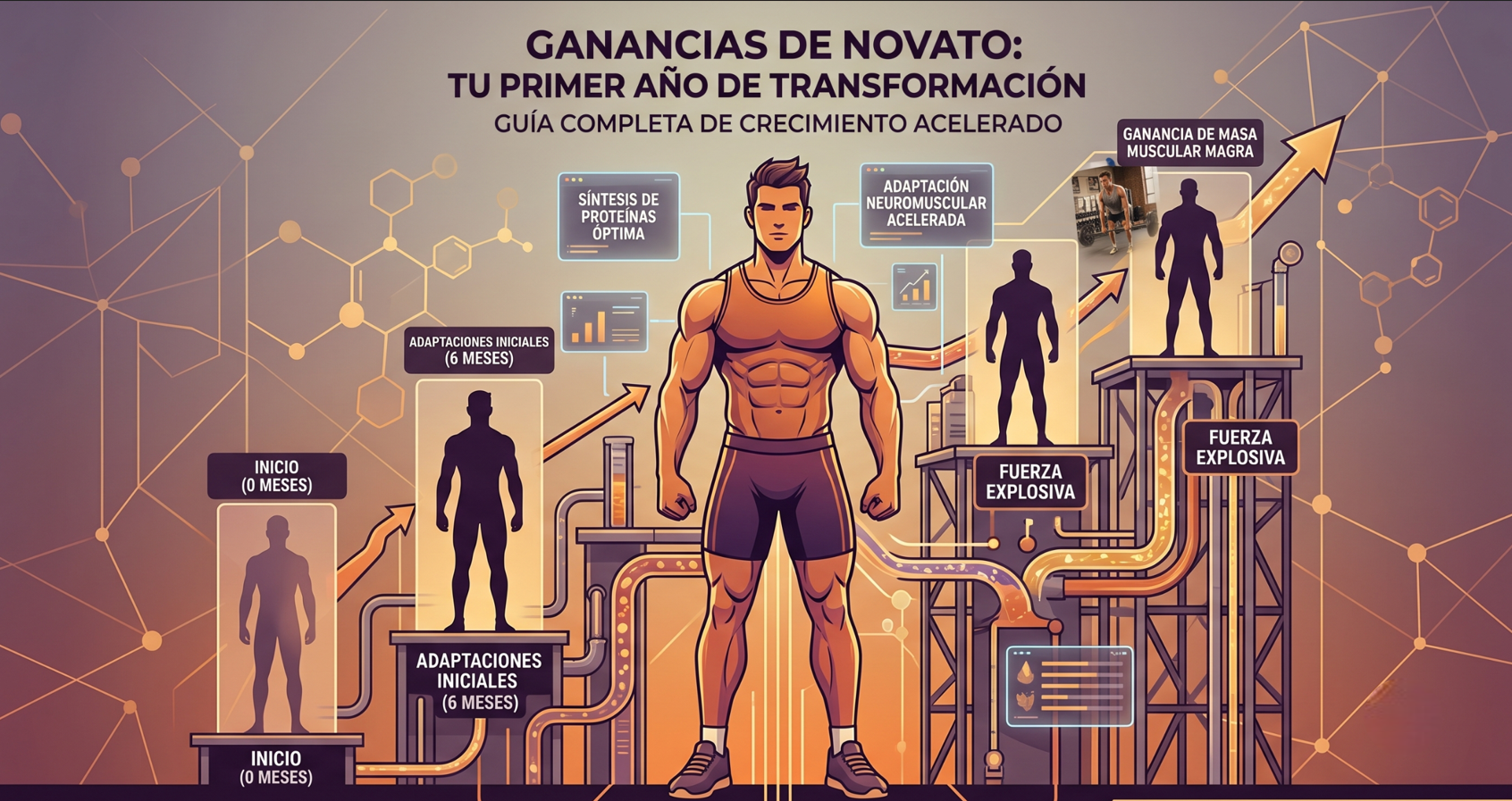 Una infografía ilustrada detallada en un estilo tecnológico y futurista, titulada "GANANCIAS DE NOVATO: TU PRIMER AÑO DE TRANSFORMACIÓN" con el subtítulo "GUÍA COMPLETA DE CRECIMIENTO ACELERADO". En el centro hay un hombre musculoso y definido de pie. Está rodeado por una red de plataformas, tuberías que transportan nutrientes y pantallas de datos holográficas.  A la izquierda, dos figuras más pequeñas y delgadas representan el punto de partida. La figura más baja está etiquetada como "INICIO (0 MESES)". La figura superior está etiquetada como "ADAPTACIONES INICIALES (6 MESES)".  Delante de la figura central principal, hay pantallas que dicen: "SÍNTESIS DE PROTEÍNAS ÓPTIMA" y "ADAPTACIÓN NEUROMUSCULAR ACELERADA".  A la derecha, en niveles superiores de la plataforma, hay más figuras. Una figura superior está vinculada a una flecha que dice "GANANCIA DE MASA MUSCULAR MAGRA" con una flecha apuntando hacia arriba. Otras figuras vinculadas por tuberías y símbolos de fuerza están etiquetadas como "FUERZA EXPLOSIVA" y muestran flechas de aumento.  El fondo es una red de conexiones neurales y datos, con una estética tecnológica limpia. En la esquina inferior derecha hay un texto que dice "Blog de Nutrición y Entrenamiento Deportiva