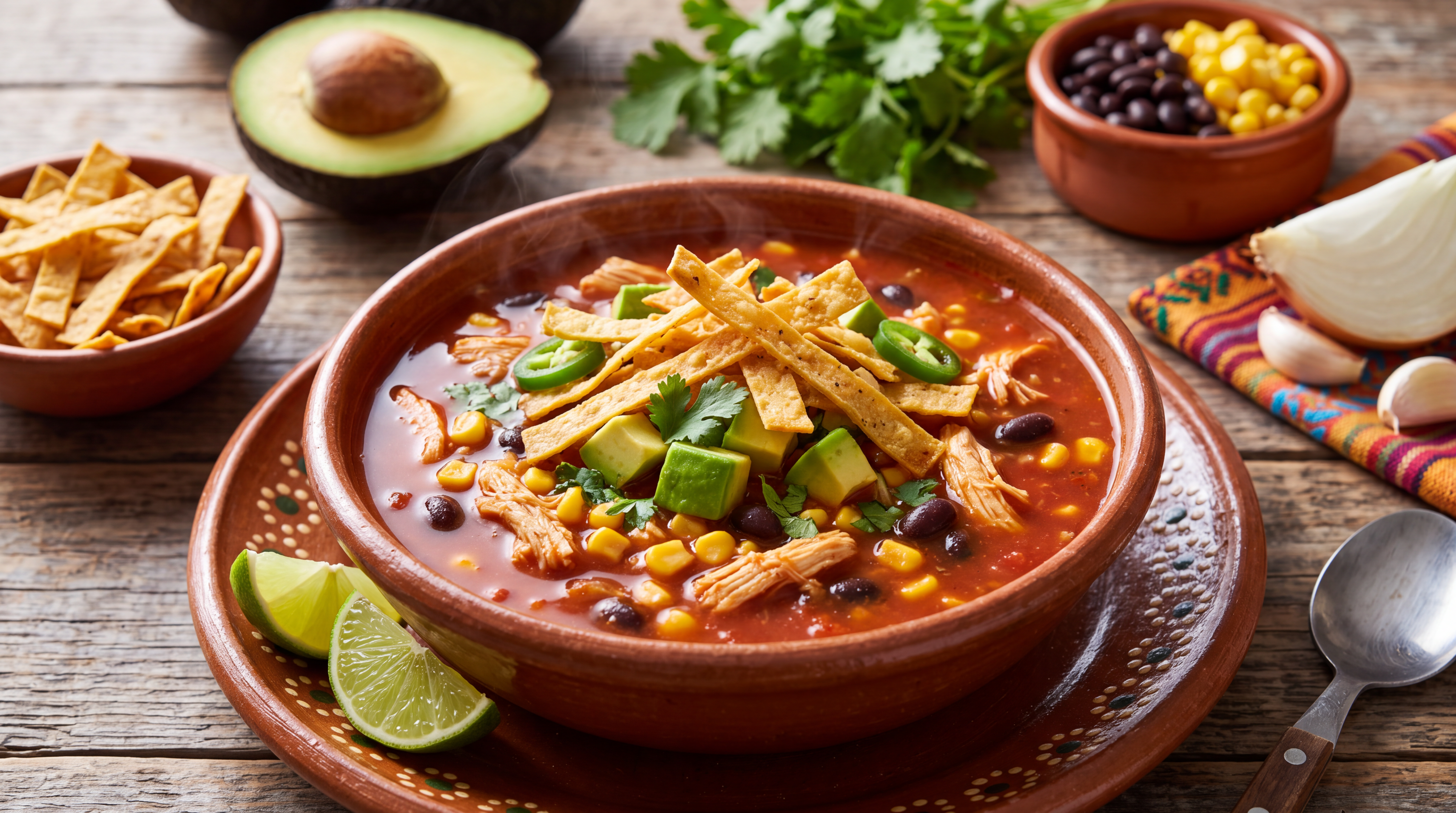 Sopa mexicana de pollo y tortilla crujiente