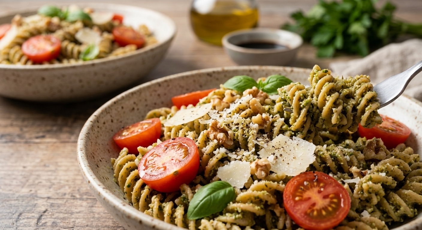 Primer plano detallado de un plato rústico de fusilli con pesto de albahaca, tomates cherry y parmesano. Un tenedor levanta una porción a la derecha. Fondo desenfocado con aceite de oliva y perejil sobre madera.
