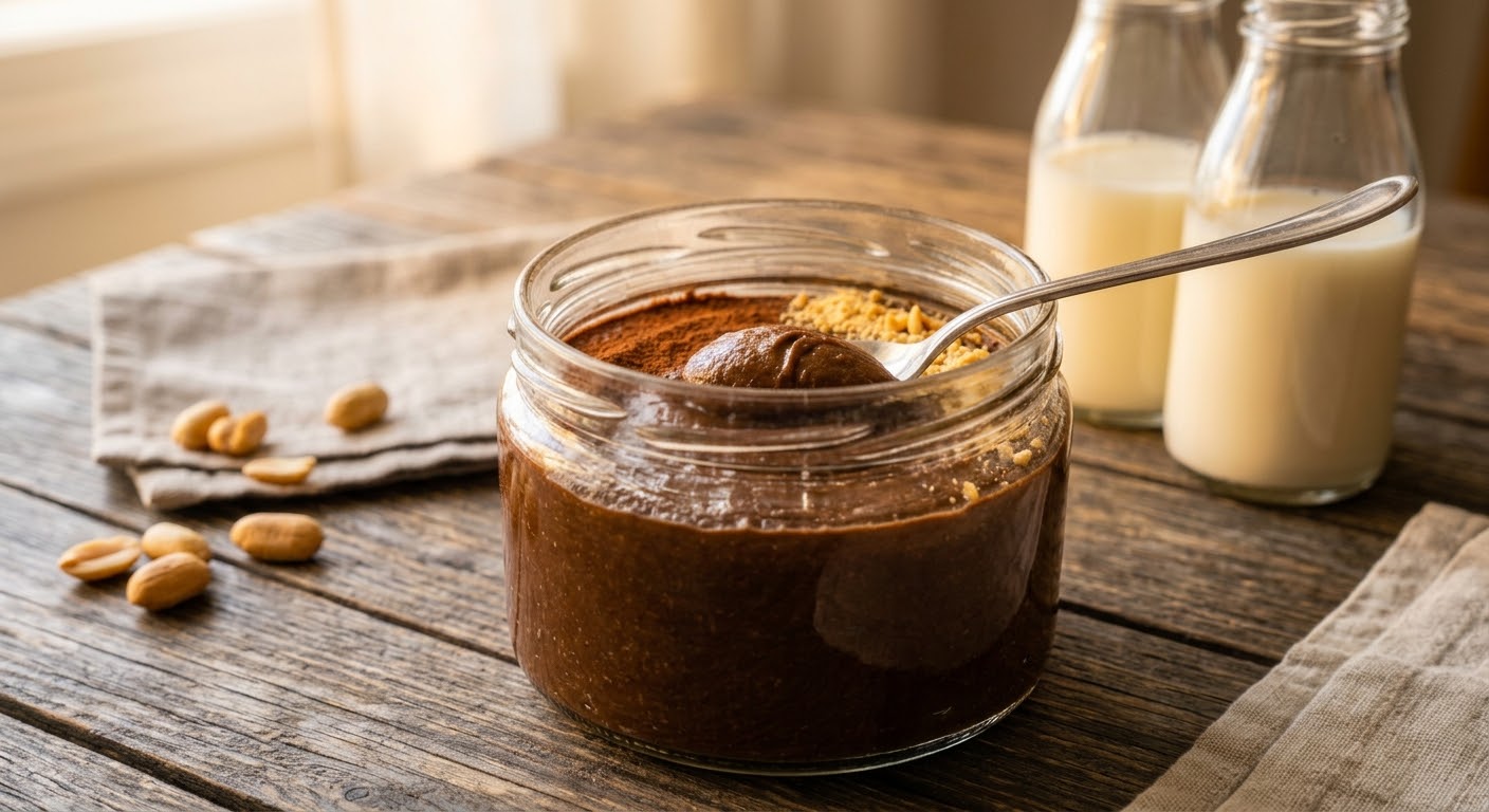Un primer plano de un frasco de vidrio abierto lleno de crema de chocolate y maní, decorado con polvo de cacao y maní granulado. Una cuchara de metal saca una porción espesa. El frasco rústico está sobre una mesa de madera desgastada, con maníes enteros sobre un lino a la izquierda y dos botellas de leche al fondo con luz cálida.