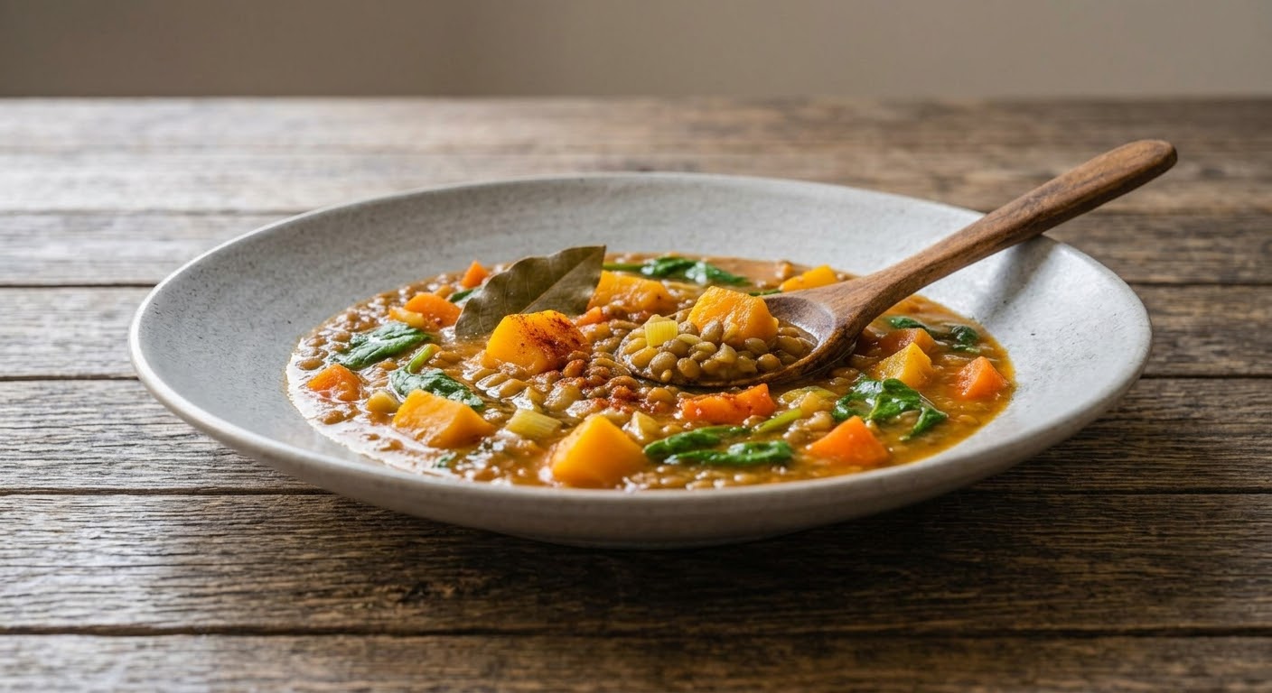 Fotografía desde un ángulo bajo de un plato hondo y ancho de cerámica clara que contiene una espesa sopa de lentejas pardinas con dados de calabaza naranja y hojas de espinaca fresca. Una cuchara de madera descansa dentro del plato, sosteniendo una porción de lentejas y calabaza espolvoreada con pimentón. Una hoja de laurel decora el centro del guiso. El plato está apoyado directamente sobre una mesa de madera rústica con texturas marcadas, completamente despejada y sin ningún otro objeto o ingrediente alrededor.
