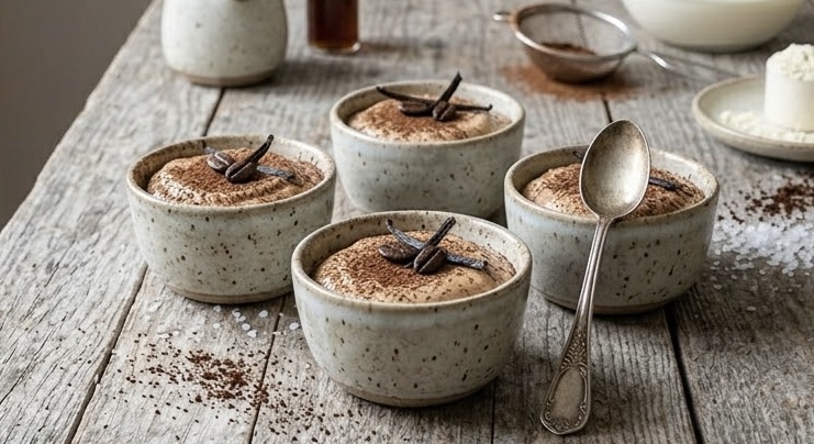 Una vista de arriba hacia abajo de una mesa rústica de tablones de madera en una cocina de granja, centrada en cuatro cuencos de cerámica moteada llenos de mousse de café decorado con granos de café y vainilla. Alrededor hay ingredientes como polvo de cacao en un tamiz, crema, polvo de vainilla, extracto de vainilla y una cuchara de medir. En primer plano, una encimera de piedra con un mortero y un estante de especias.
