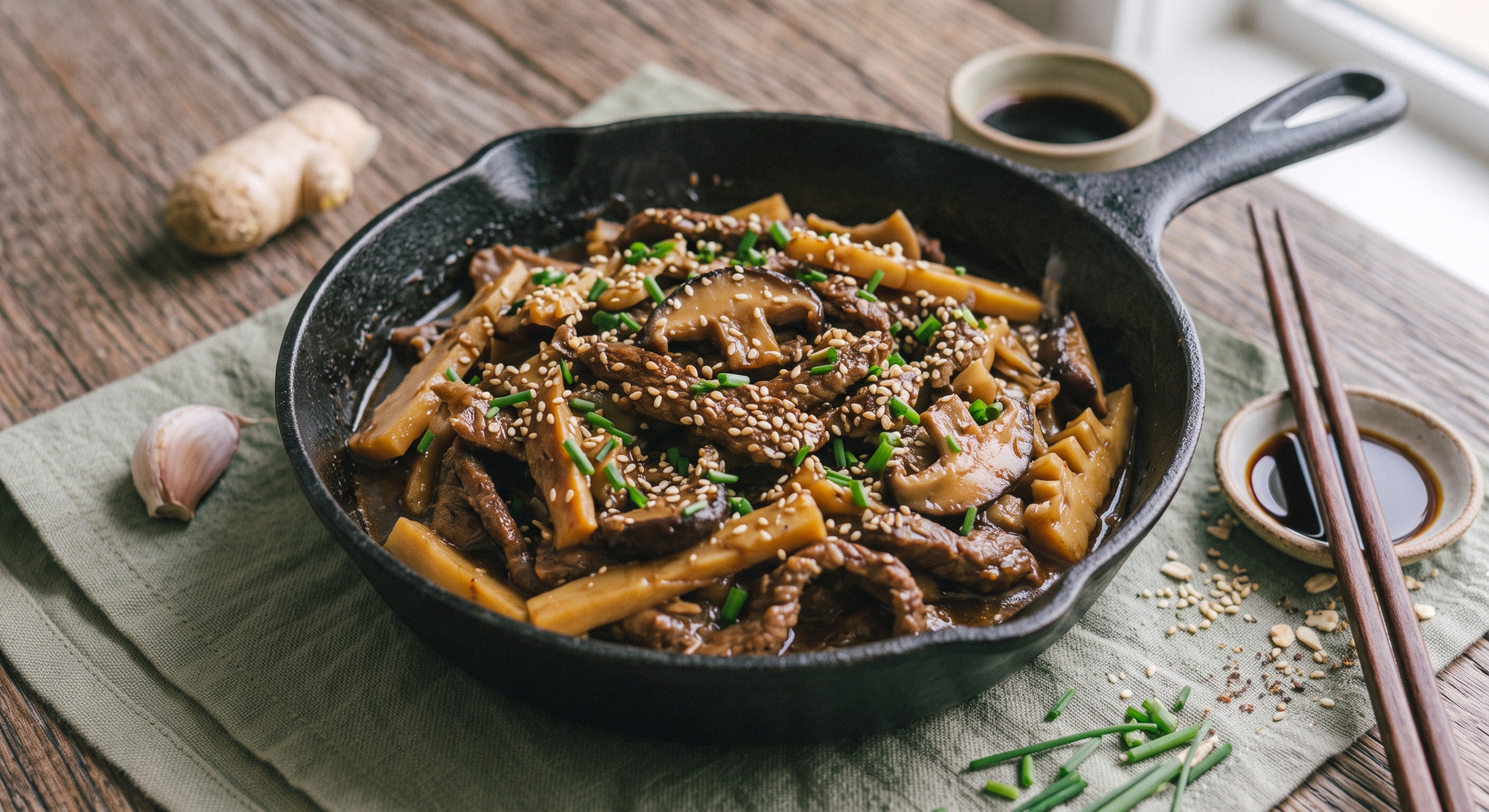 Un primer plano de un sartén de hierro fundido negro lleno de un salteado de ternera con bambú y champiñones shiitake en salsa, espolvoreado con semillas de sésamo y cebollino fresco. El sartén descansa sobre una servilleta de lino verde salvia doblada, que está sobre una mesa de madera rústica. A la izquierda, hay una raíz de jengibre y un diente de ajo enteros. A la derecha, un par de palillos de madera se apoya en un reposapalillos de cerámica con un pequeño cuenco de salsa de soja. El fondo está ligeramente borroso con luz natural que proviene de una ventana.