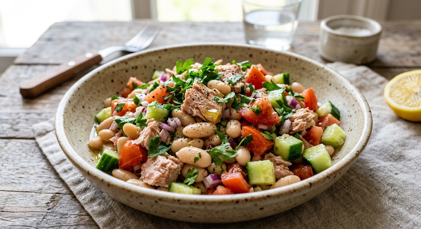 Un apetitoso primer plano de una ensalada fresca y saludable servida en un cuenco. Destacan los jugosos trozos de atún al natural mezclados con alubias blancas tiernas, dados de tomate rojo, pepino crujiente y cebolla. La mezcla está espolvoreada con perejil fresco picado y tiene un ligero brillo característico de un aliño de aceite de oliva y limón.
