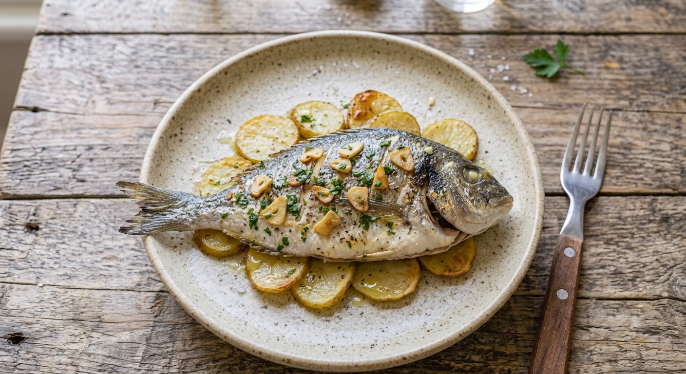 Un pescado entero asado (como una dorada) cubierto con rodajas de ajo dorado y perejil fresco picado, servido sobre una cama de rodajas de patatas asadas en un plato de cerámica rústico. El plato está colocado sobre una mesa de madera texturizada, con vasos de agua con limón y un tenedor al fondo desenfocado