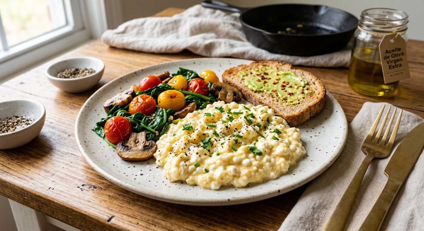 Huevos revueltos con requesón (cottage cheese scrambled eggs) de alto contenido proteico, servidos en un plato de cerámica con verduras salteadas sobre una mesa de madera.