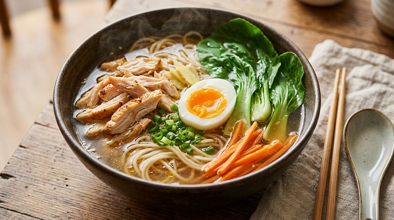 Broth bowl de pollo, noodles y huevo