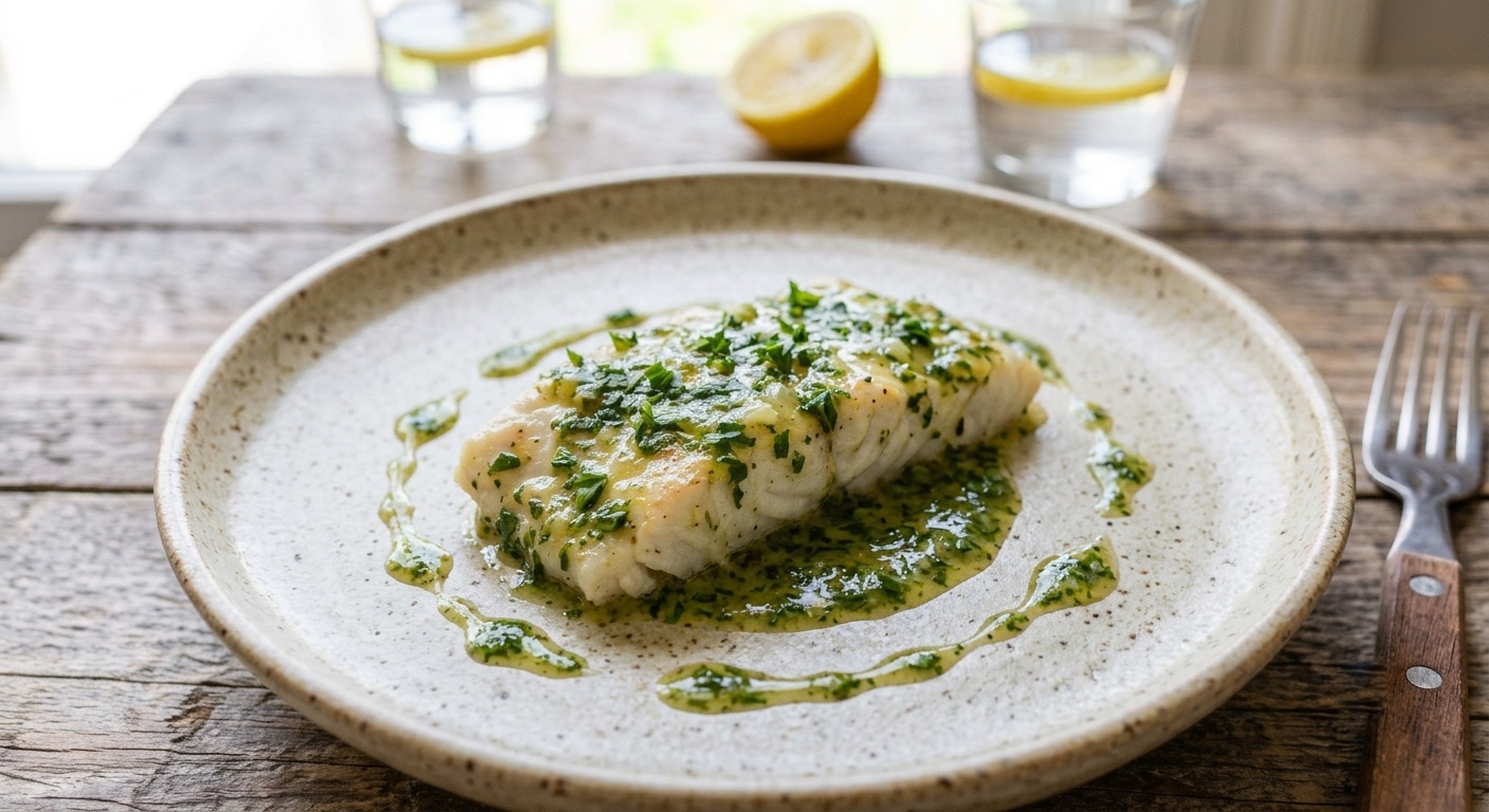 Un filete de pescado blanco asado cubierto con una vibrante salsa verde de hierbas y perejil fresco picado, centrado en un plato de cerámica moteado sobre una mesa de madera rústica