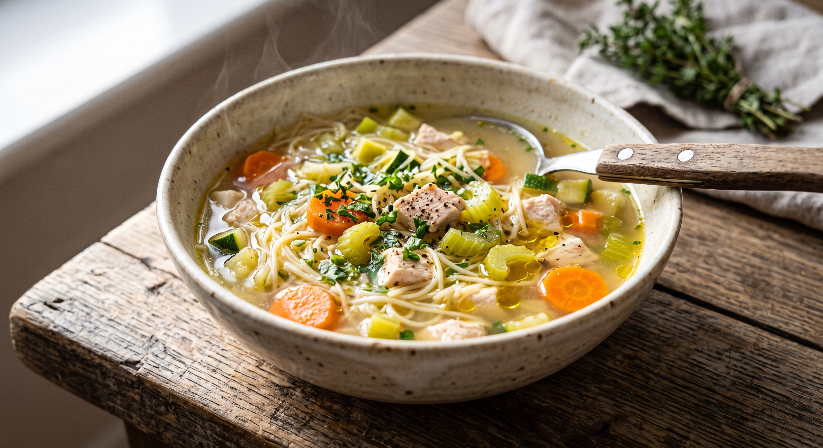 Un primer plano de un rústico tazón de cerámica moteada lleno de sopa de fideos con pollo y verduras humeante. La sopa contiene fideos finos, trozos de pollo cocido, rodajas de zanahoria, apio y está decorada con perejil fresco picado. El tazón está sobre una mesa de madera texturizada, con una cuchara con mango de madera apoyada en él y un manojo de tomillo fresco al fondo. La luz natural ilumina la escena.