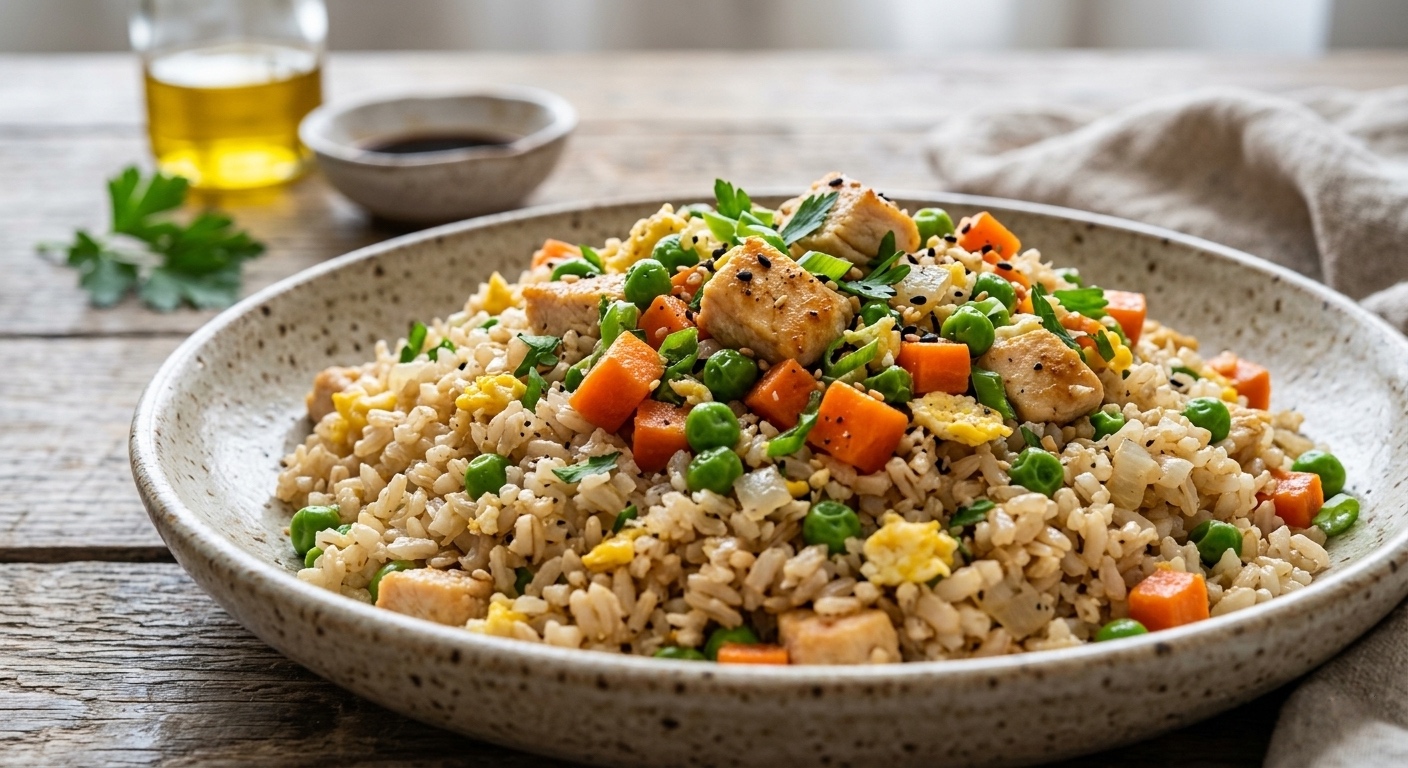 Un tazón de cerámica moteada lleno de arroz frito integral rústico, con cubos dorados de pollo frito, guisantes verdes, zanahorias en cubitos y huevo revuelto. El arroz está coronado con perejil fresco, semillas de sésamo blancas y negras, sobre una mesa de madera texturizada, con una botella de aceite de oliva y salsa de soja al fondo.
