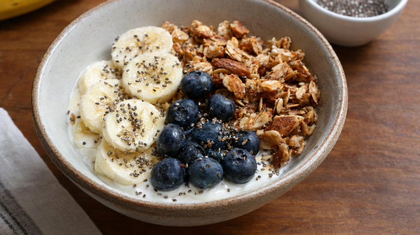 Bol de yogur griego con granola y fruta
