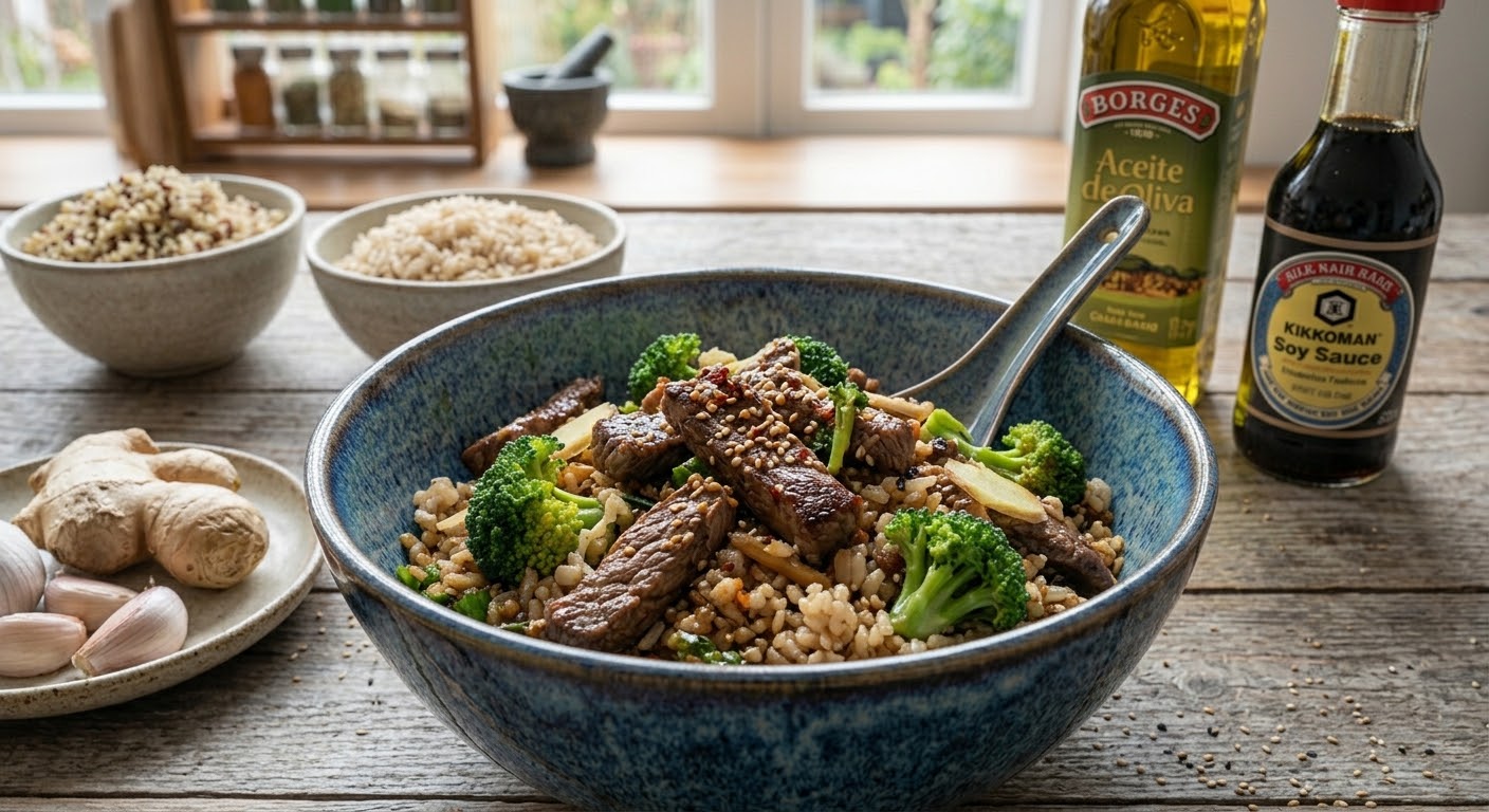 Un primer plano de un cuenco de cerámica azul moteado lleno de salteado de ternera y brócoli sobre arroz integral, espolvoreado con semillas de sésamo y chía, y con una cuchara de metal sumergida. A la izquierda, un pequeño plato con raíz de jengibre y dientes de ajo. Al fondo, a la derecha, botellas de aceite de oliva Borges y salsa de soja Kikkoman. Detrás, cuencos de arroz adicional, un mortero y mazo, y una estantería de especias frente a una ventana que da a un jardín. La escena está sobre una mesa de madera rústica