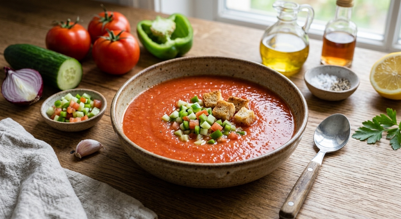 Un cuenco rústico de cerámica lleno de gazpacho andaluz de color rojo vibrante, guarnecido con picatostes de pan y dados de pepino y pimiento verde, servido en una mesa de madera rodeado de sus ingredientes frescos: tomates enteros, pepino, cebolla morada, ajo, aceite de oliva y vinagre, con luz natural.