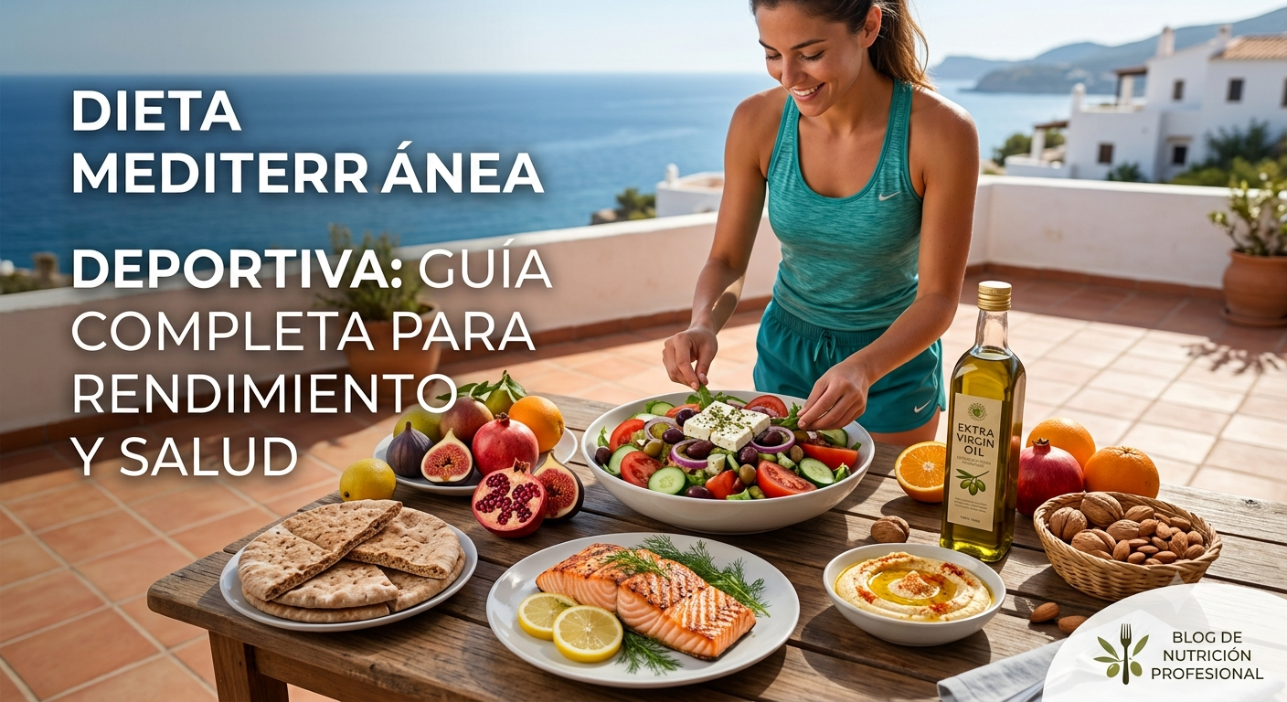 Imagen de cabecera de blog que muestra a una mujer atlética sonriente preparando una ensalada en una terraza soleada con vistas al mar Mediterráneo. La mesa está llena de alimentos saludables como salmón, ensalada griega, pan pita, hummus, frutas y frutos secos. El texto superpuesto dice: "DIETA MEDITERRÁNEA DEPORTIVA: GUÍA COMPLETA PARA RENDIMIENTO Y SALUD