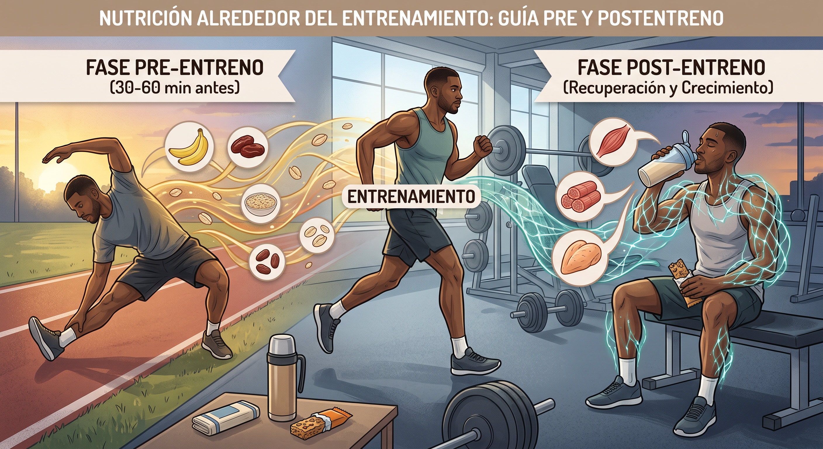 Una ilustración secuencial de estilo cómic titulada "GUÍA DE NUTRICIÓN PRE Y POSTENTRENO". Muestra a un hombre negro musculoso en tres escenas:  A la izquierda, estirando en una pista al amanecer: Titled "FASE PRE-ENTRENO (30-60 min antes)". Una espiral de energía dorada con iconos de plátanos, dátiles y copos de avena fluye hacia él.  En el centro, entrenando con fuerza en un gimnasio: Titled "ENTRENAMIENTO". El flujo de energía dorada (pre) se une a un flujo de energía turquesa (post).  A la derecha, sentado en un banco bebiendo un batido: Titled "FASE POST-ENTRENO (Recuperación y Crecimiento)". Una espiral de energía turquesa con iconos de carne, pechuga de pollo y un músculo fluye hacia él. Su cuerpo tiene un patrón de líneas de energía turquesa que indica recuperación.  En primer plano, hay una mesa con un termo, toallas y una barrita energética. El fondo muestra un gimnasio con pesas y una pista de atletismo al aire libre.