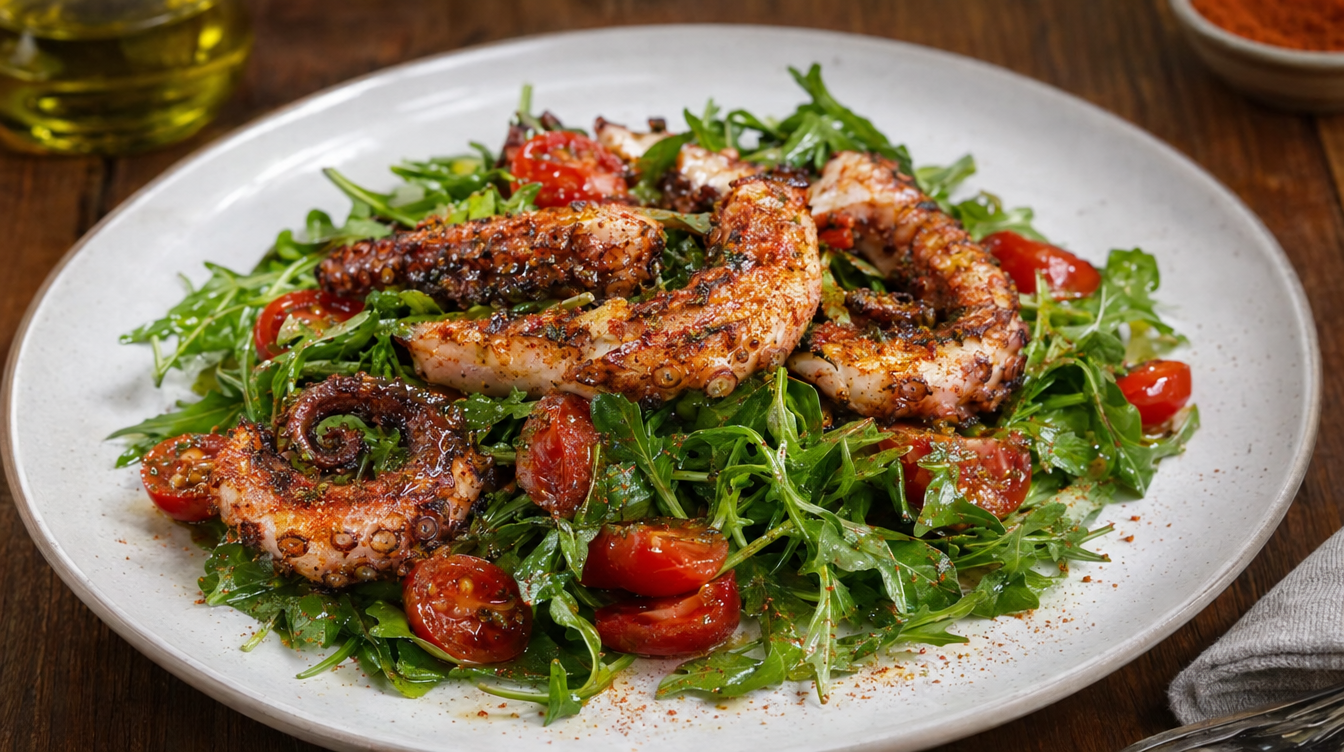 Pulpo a la parrilla con rúcula y tomates cherry