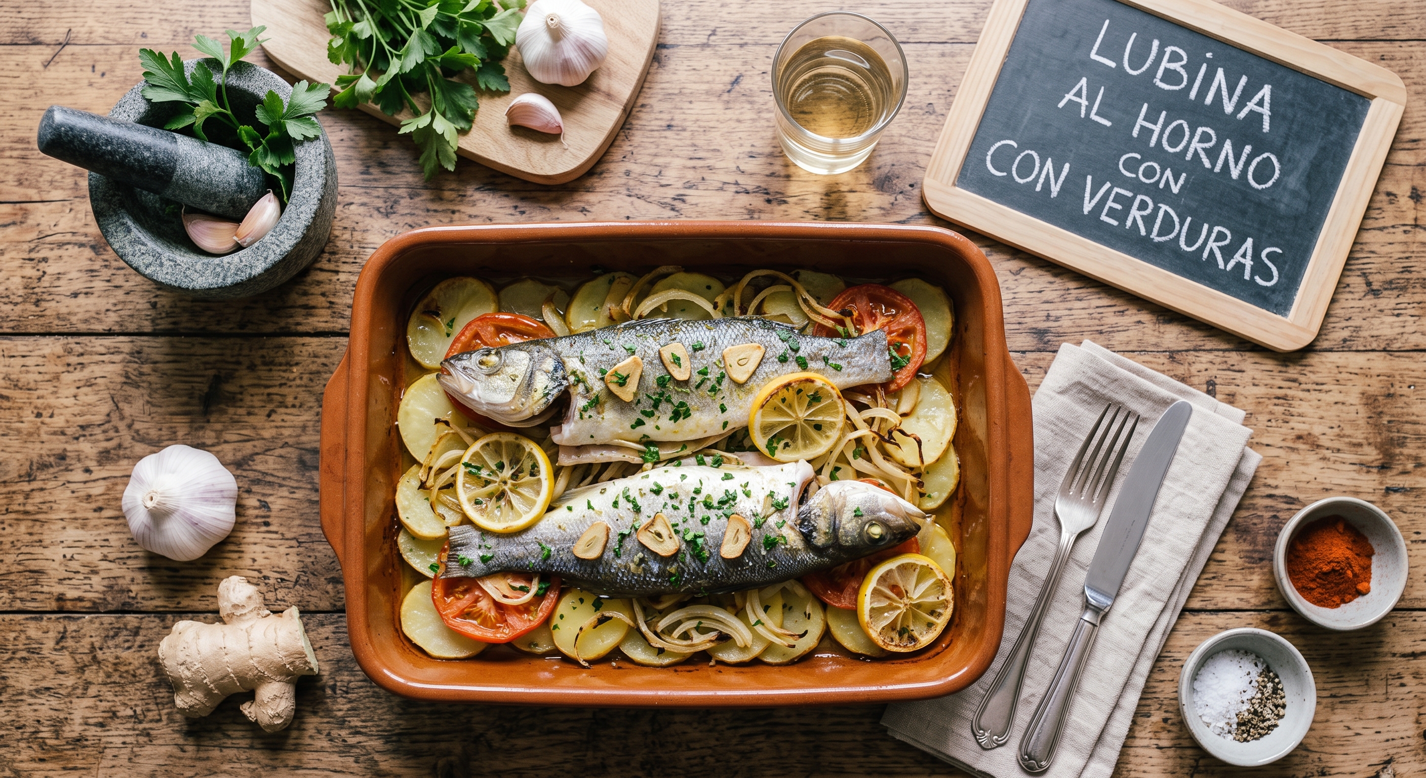 Una vista cenital de una mesa de madera rústica preparada para una comida. En el centro, una fuente de horno de terracota llena de dos lubinas asadas enteras sobre un lecho de rodajas de patata, cebolla y tomate, adornadas con rodajas de limón, ajo laminado frito y perejil. Alrededor de la fuente hay varios ingredientes y utensilios: a la izquierda, un mortero de piedra, cabezas de ajo frescas y una raíz de jengibre; a la derecha, un vaso de agua, cubiertos plateados sobre una servilleta de lino, y pequeños cuencos con pimentón, sal y pimienta. Al fondo a la derecha, hay una pequeña pizarra con marco de madera que dice manuscrito en tiza: 'LUBINA AL HORNO CON VERDURAS'.