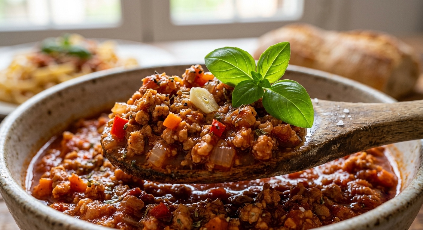 Un primer plano de una cuchara de madera rústica cargada con salsa Boloñesa espesa, con ajo laminado y albahaca fresca, suspendida sobre un cuenco de cerámica lleno de más salsa. El fondo borroso muestra un plato de pasta y pan artesanal cerca de una ventana.