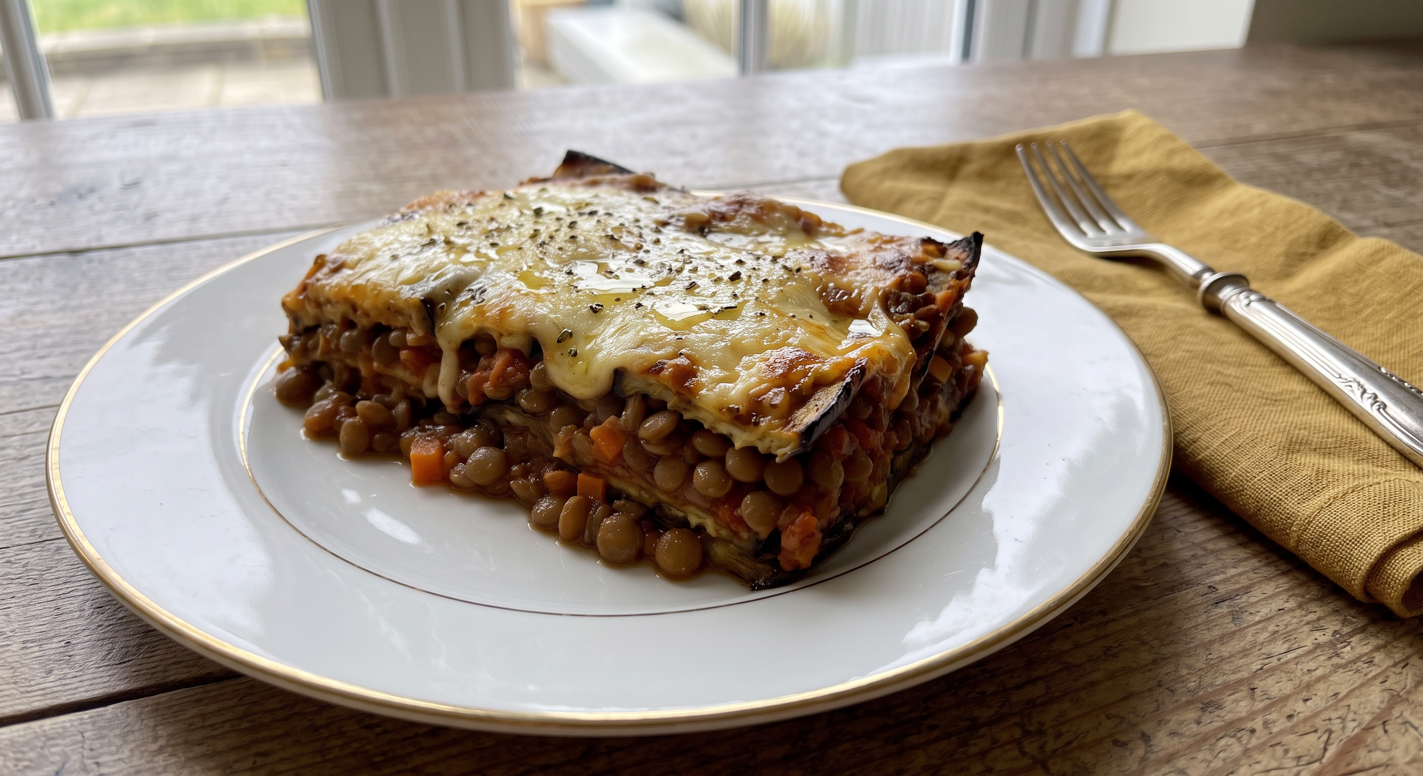 Una porción cuadrada de lasaña vegetariana de lentejas y verduras en un plato de cerámica rústica y moteada sobre una mesa de madera envejecida. La lasaña muestra capas visibles de un rico relleno de lentejas (con zanahorias y apio picados), salsa de tomate y láminas de pasta. Está coronada con una capa generosa de bechamel cremosa y queso derretido dorado y gratinado. La superficie está espolvoreada con orégano seco y pimienta negra molida, con un chorrito de aceite de oliva virgen extra brillando por encima. Al fondo, a la derecha, hay un tenedor con mango de madera sobre una servilleta de lino gris claro doblada, y detrás, una ventana con luz natural suave que ilumina la escena, con un fondo desenfocado.