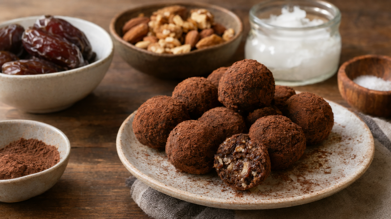 Trufas de dátil, cacao y frutos secos
